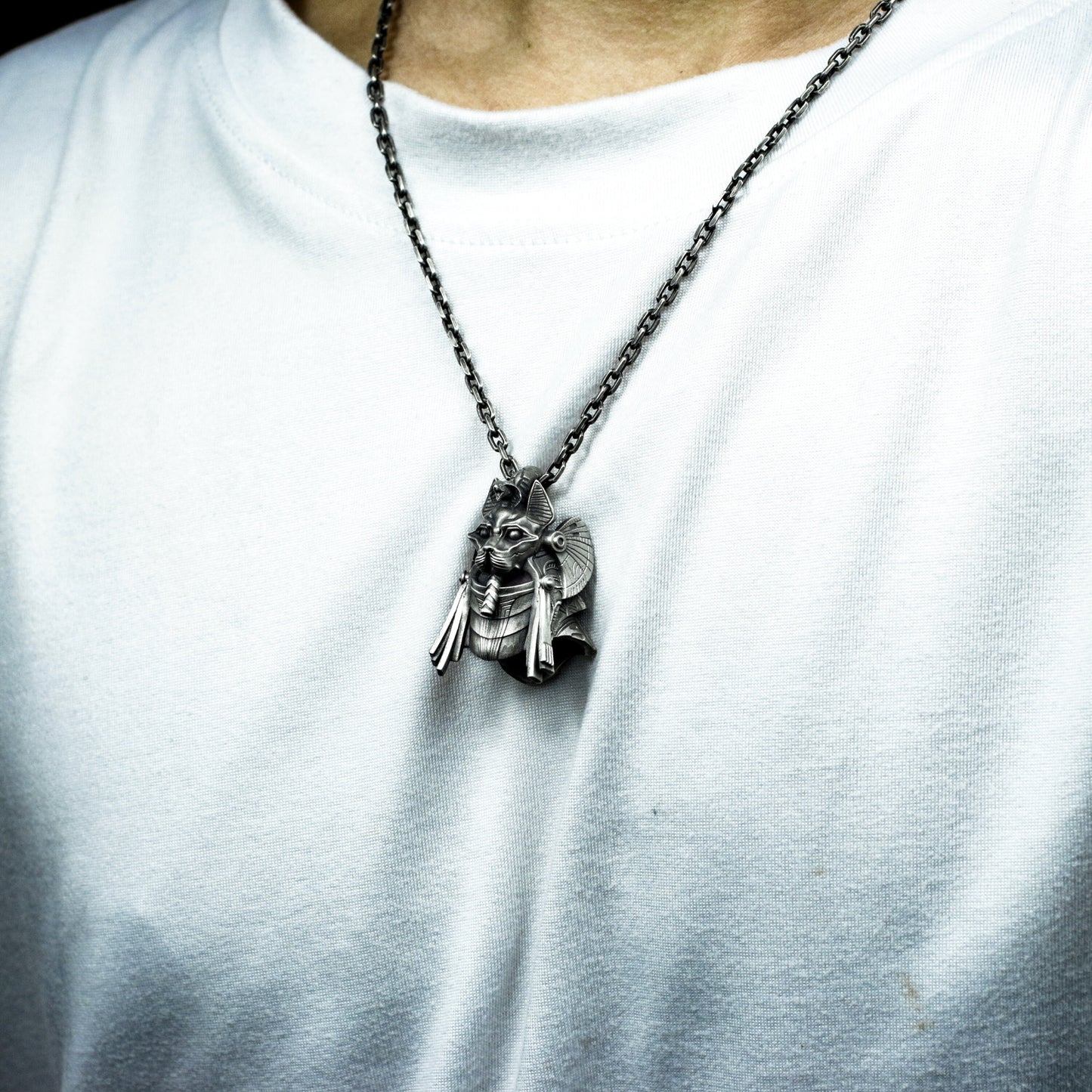 Bastet Warrior Pendant with Futuristic Armor - 925 Sterling Silver Handmade