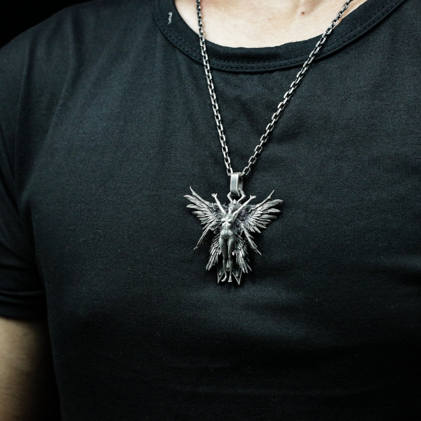 Fallen Angel Pendant with Outstretched Wings - 925 Sterling Silver Handmade