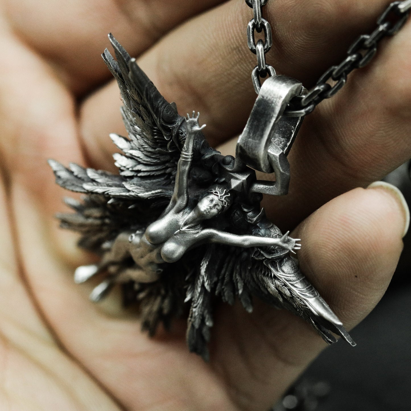 Fallen Angel Pendant with Outstretched Wings - 925 Sterling Silver Handmade