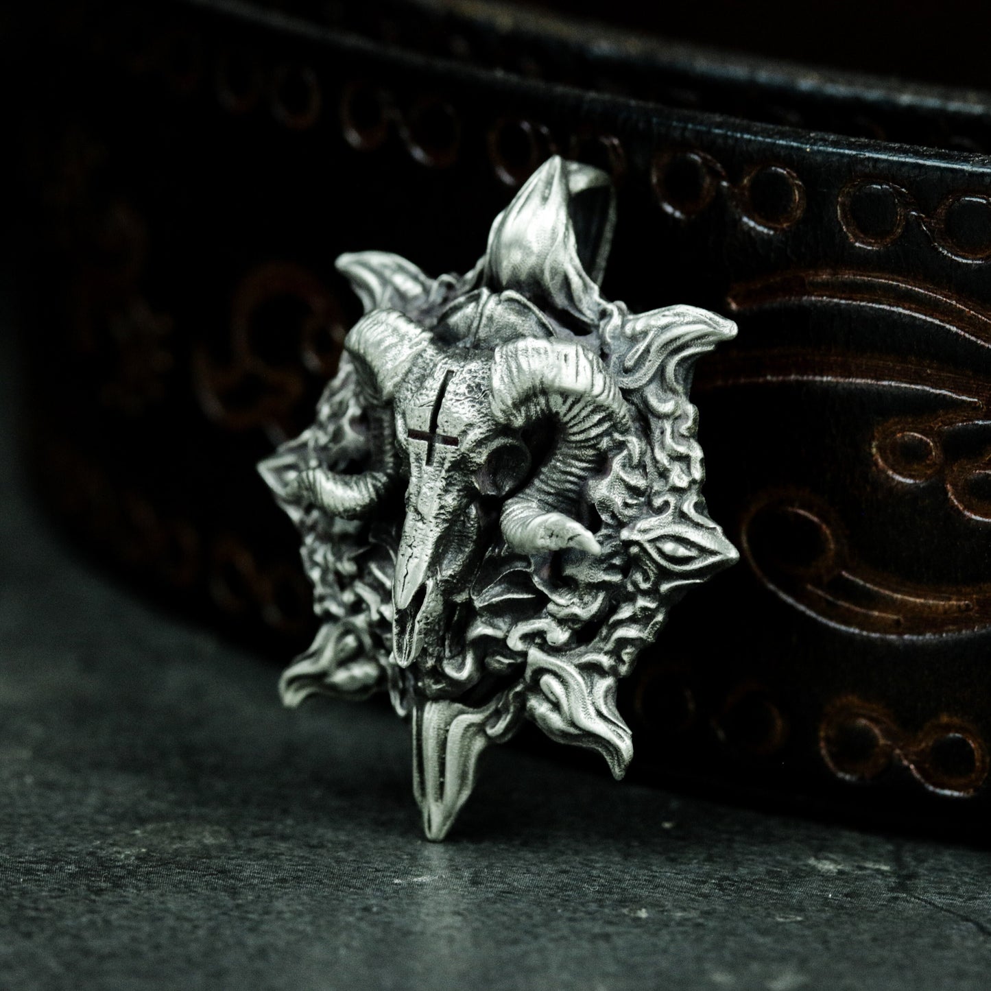 Ram Skull Pendant with Stylized Flames ¨C 925 Sterling Silver Handmade
