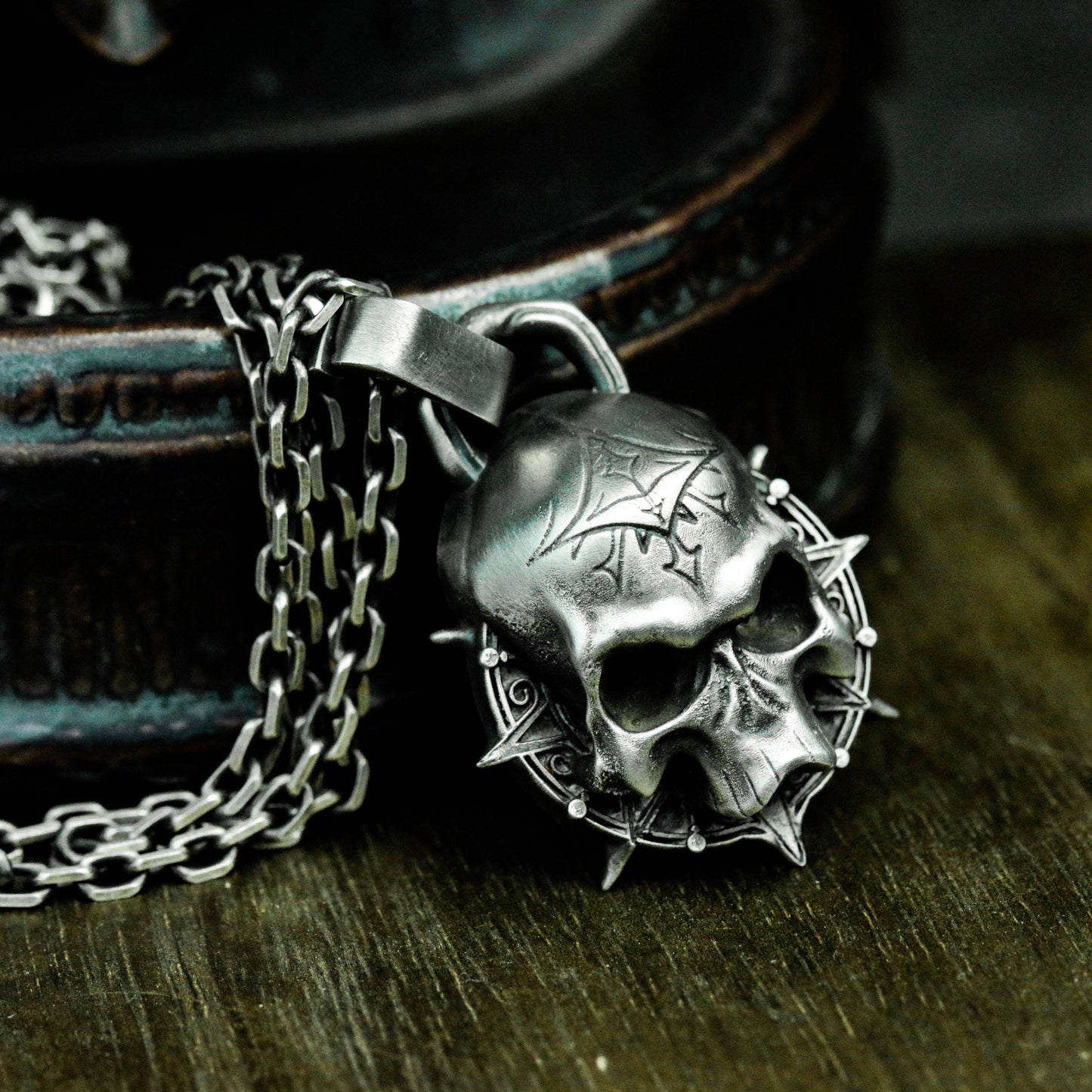 Skull with Spider Web Crown Pendant ¨C 925 Sterling Silver Handmade