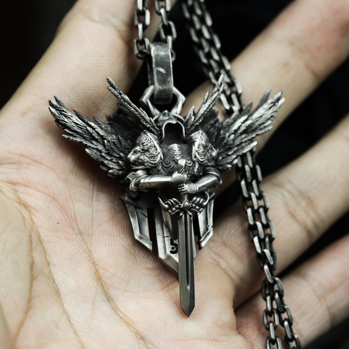 Winged Warrior Pendant with Blade and Shield - 925 Sterling Silver Handmade