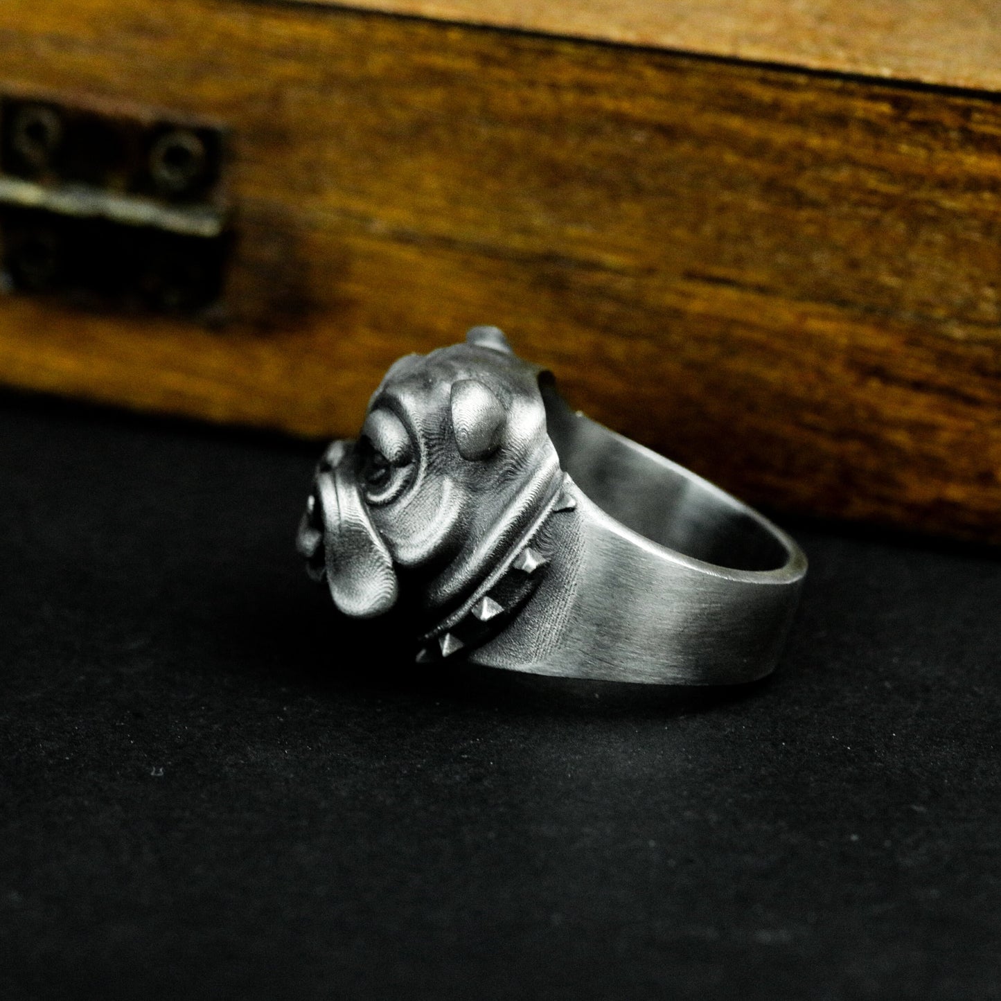 Bulldog Ring with Spiked Collar Detail - 925 Sterling Silver Handmade