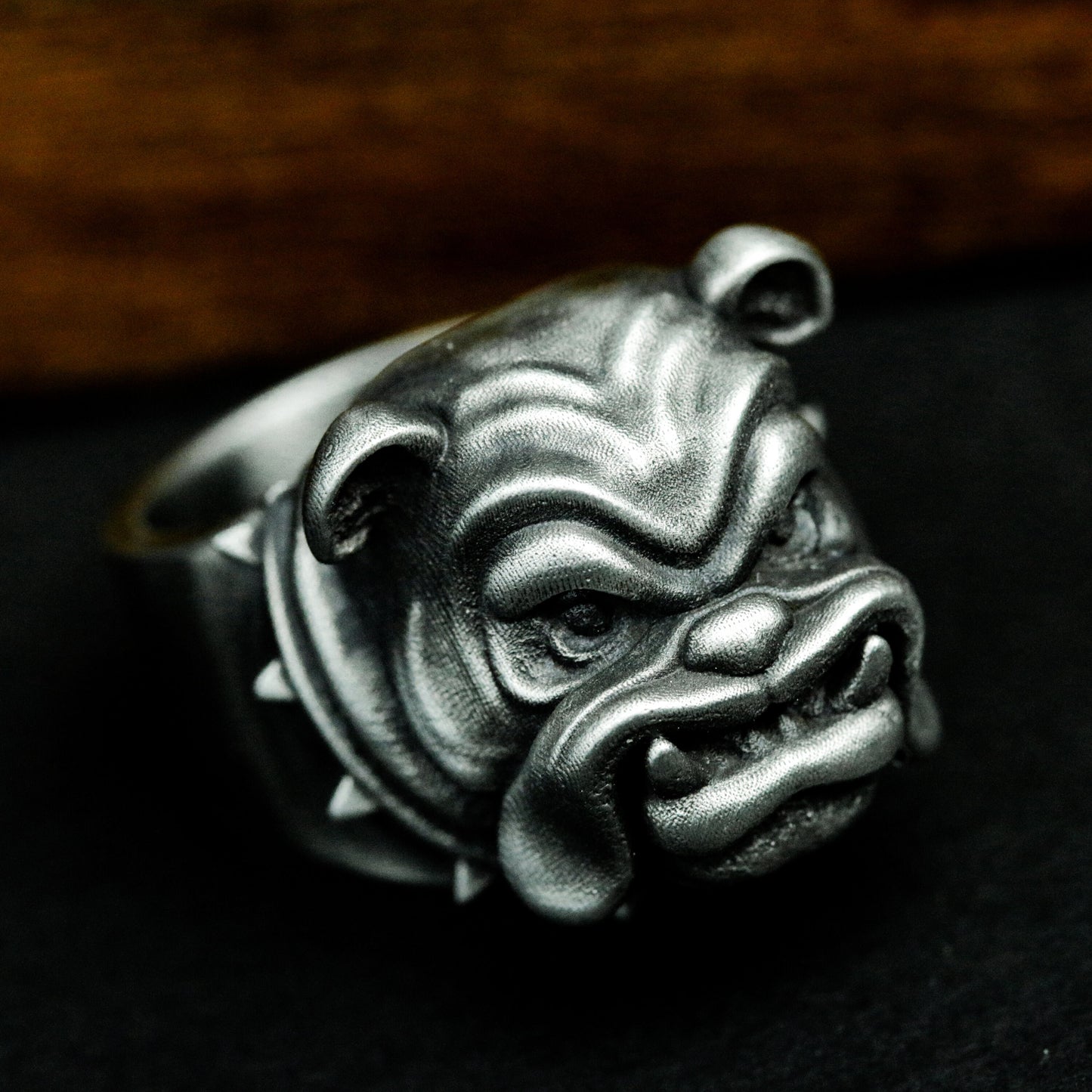 Bulldog Ring with Spiked Collar Detail - 925 Sterling Silver Handmade