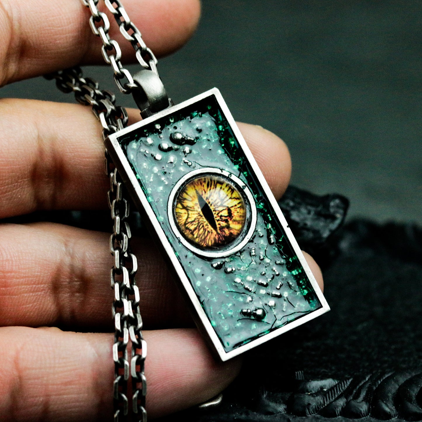 Dragon Eye Pendant with Textured Rectangular Frame ¨C 925 Sterling Silver Handmade