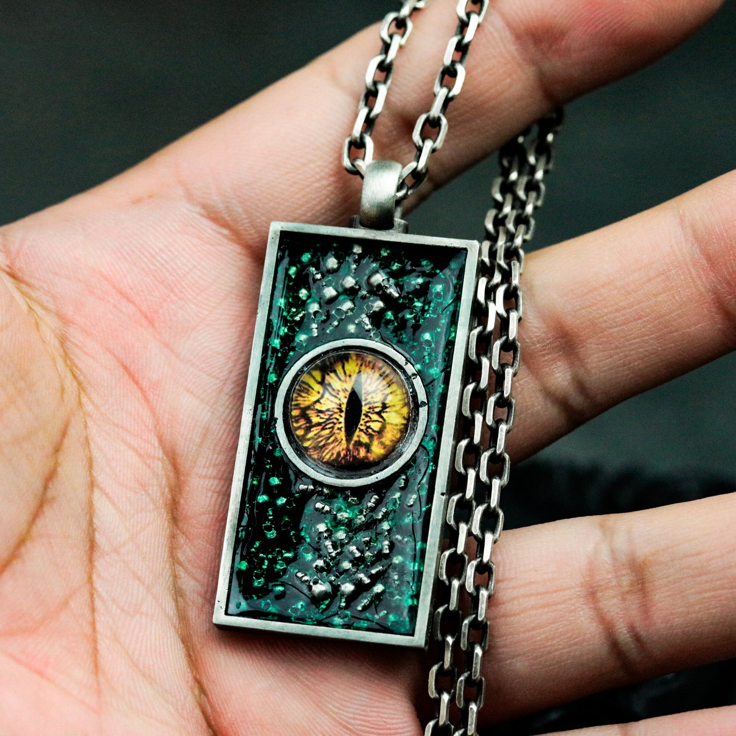 Dragon Eye Pendant with Textured Rectangular Frame ¨C 925 Sterling Silver Handmade