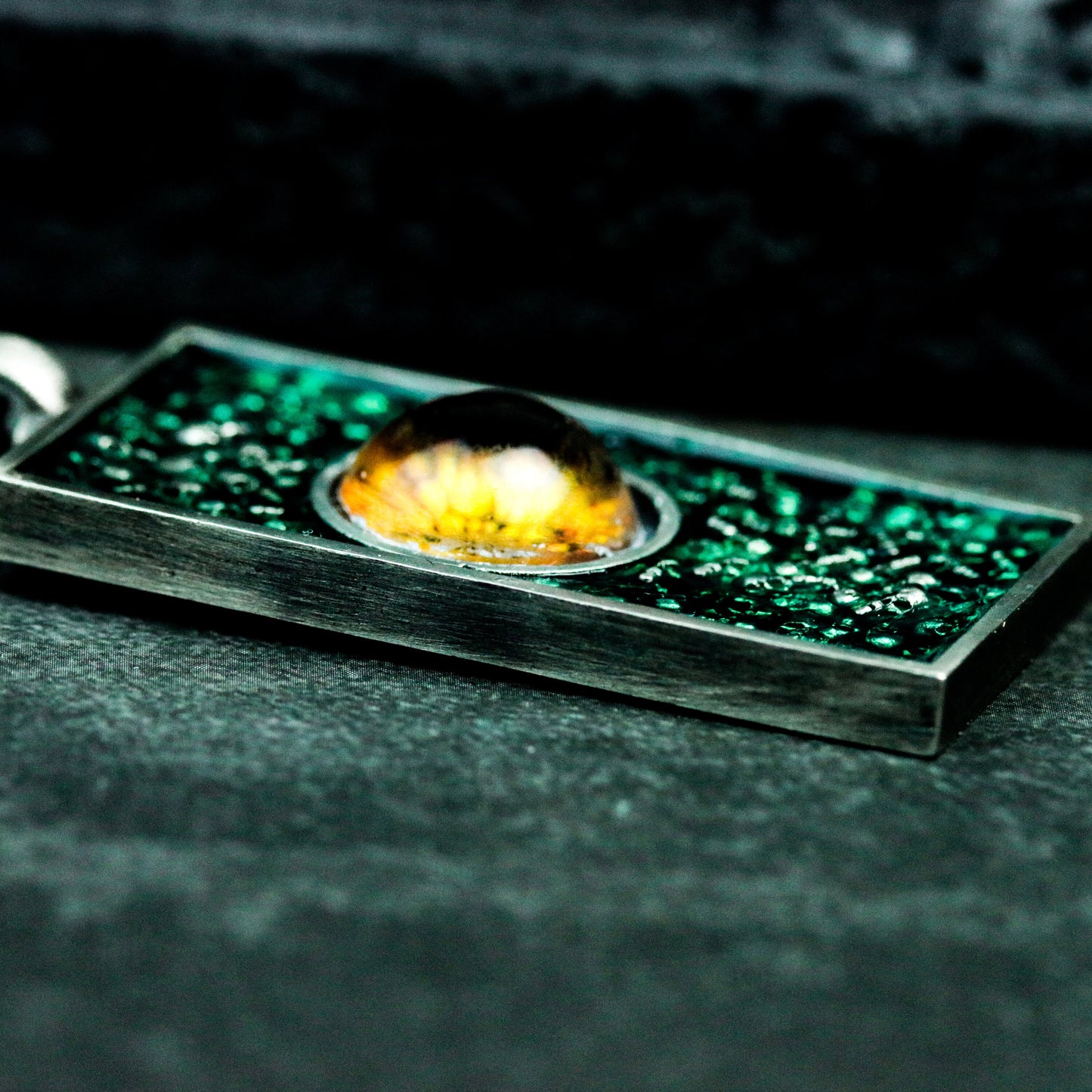 Dragon Eye Pendant with Textured Rectangular Frame ¨C 925 Sterling Silver Handmade