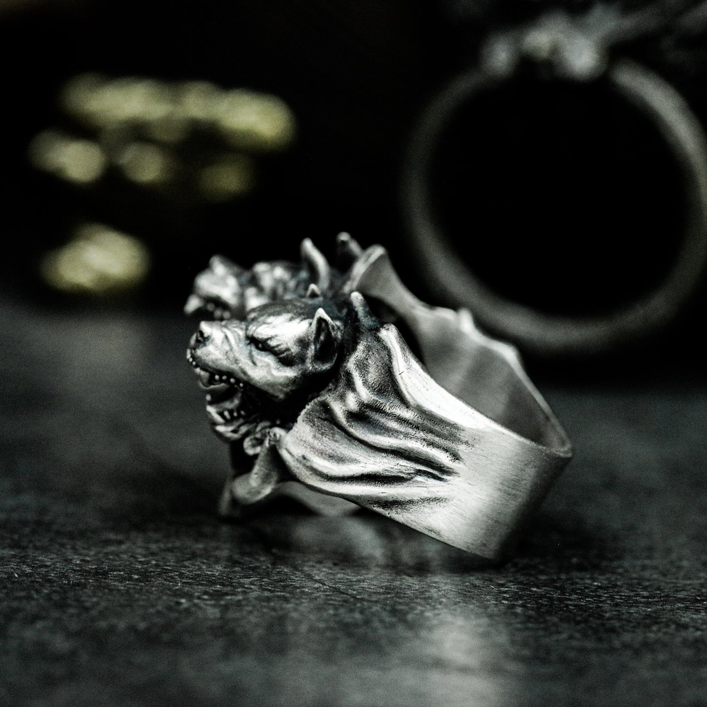 Hyena Trio Ring ¨C Handmade 925 Silver Snarling Pack Band