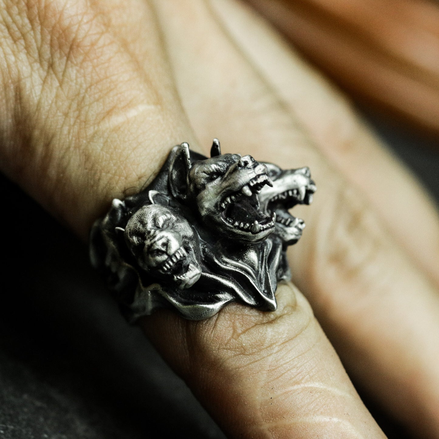 Hyena Trio Ring ¨C Handmade 925 Silver Snarling Pack Band