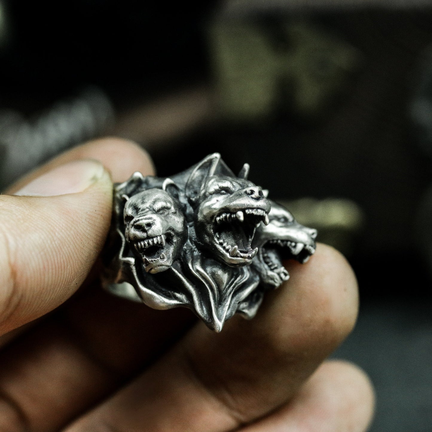 Hyena Trio Ring ¨C Handmade 925 Silver Snarling Pack Band