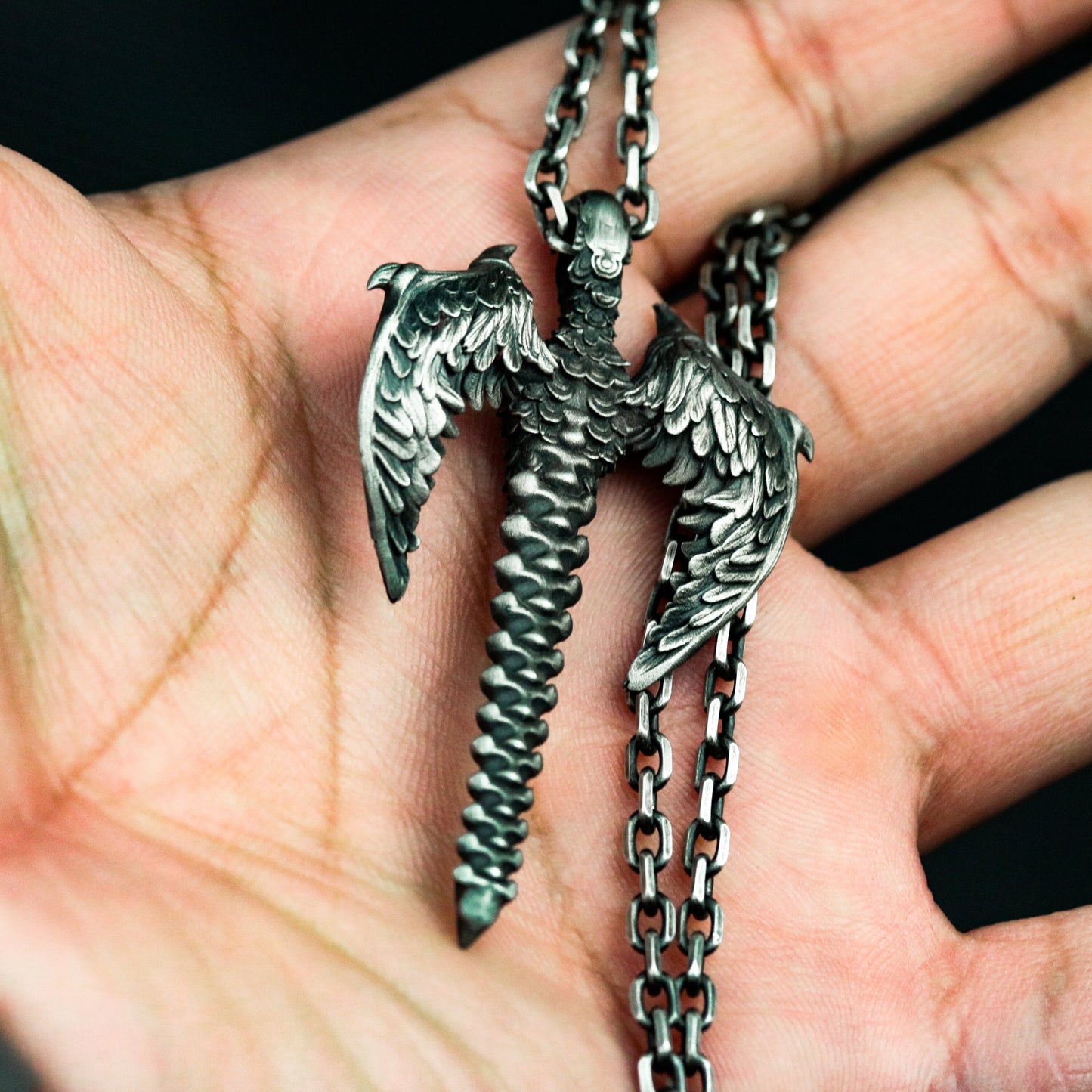 Dragon Spine Pendant with Bone Wings - 925 Sterling Silver Handmade