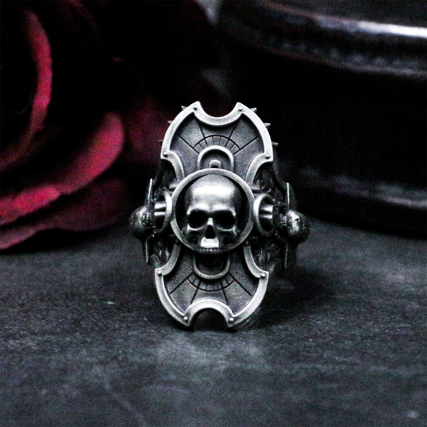 Skull Shield Ring with Gothic Armor Design - 925 Sterling Silver Handmade