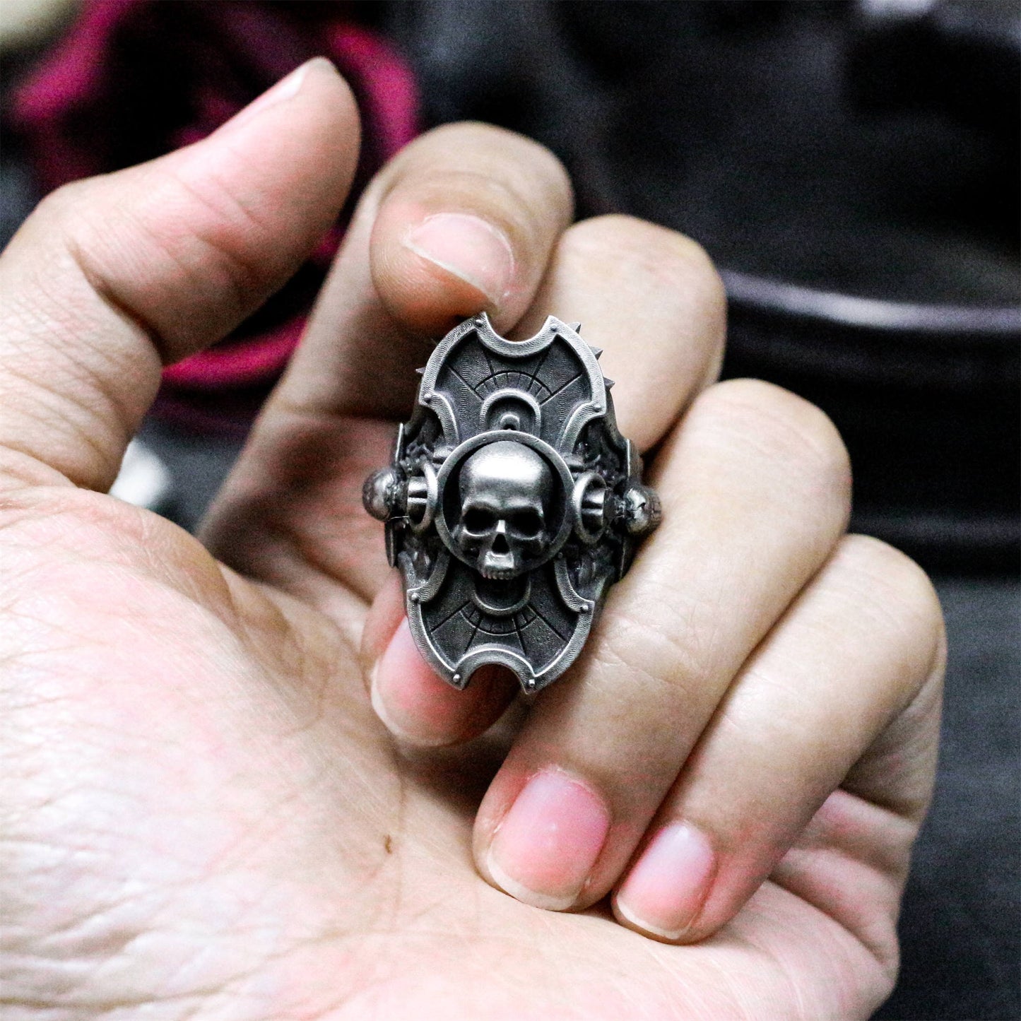 Skull Shield Ring with Gothic Armor Design - 925 Sterling Silver Handmade
