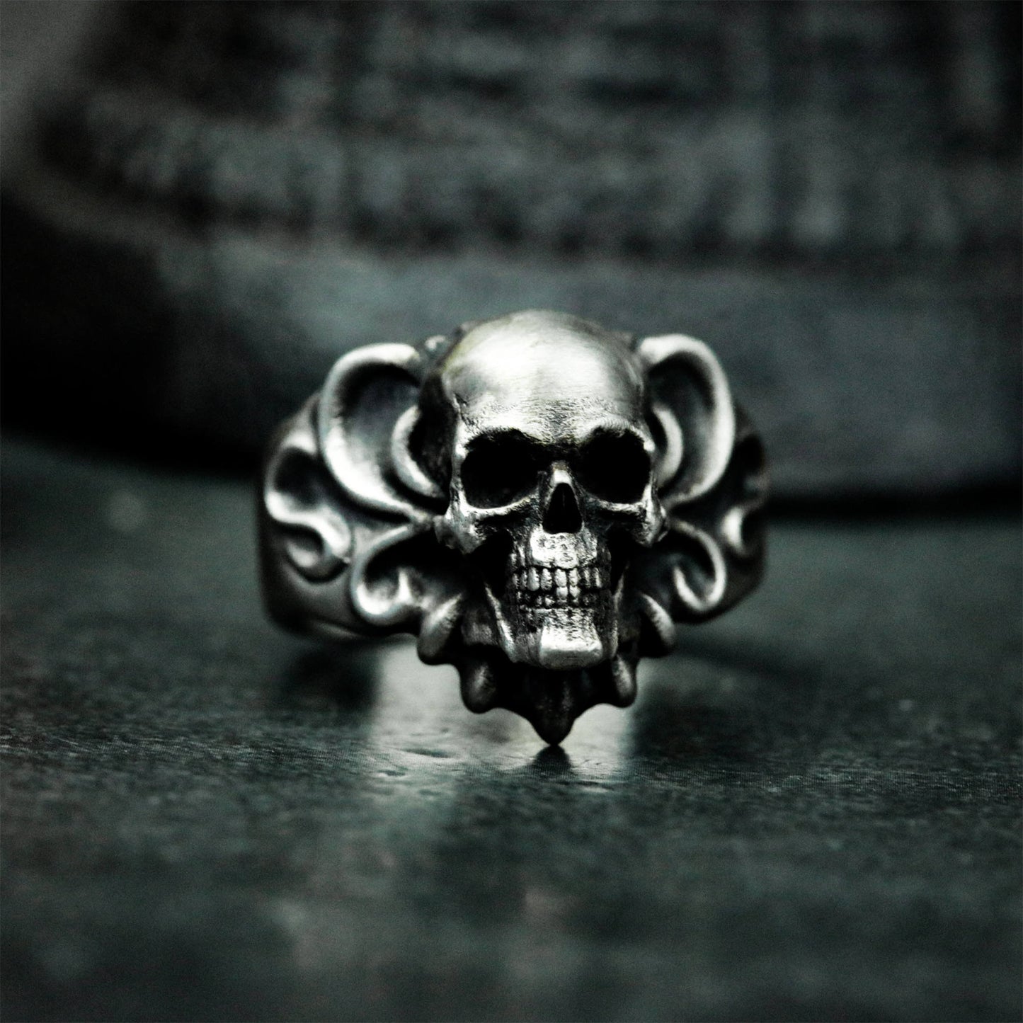 Ornate Skull Ring - 925 Sterling Silver Handmade Gothic