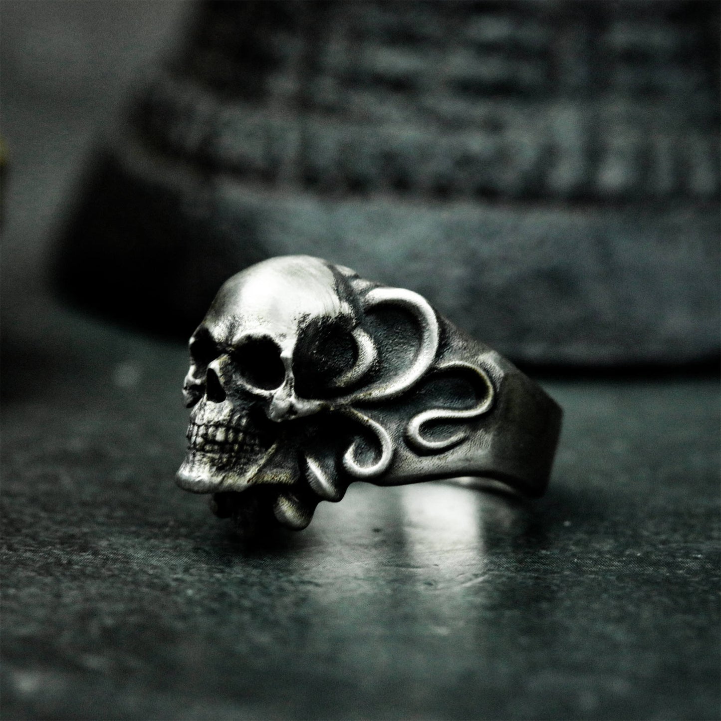 Ornate Skull Ring - 925 Sterling Silver Handmade Gothic