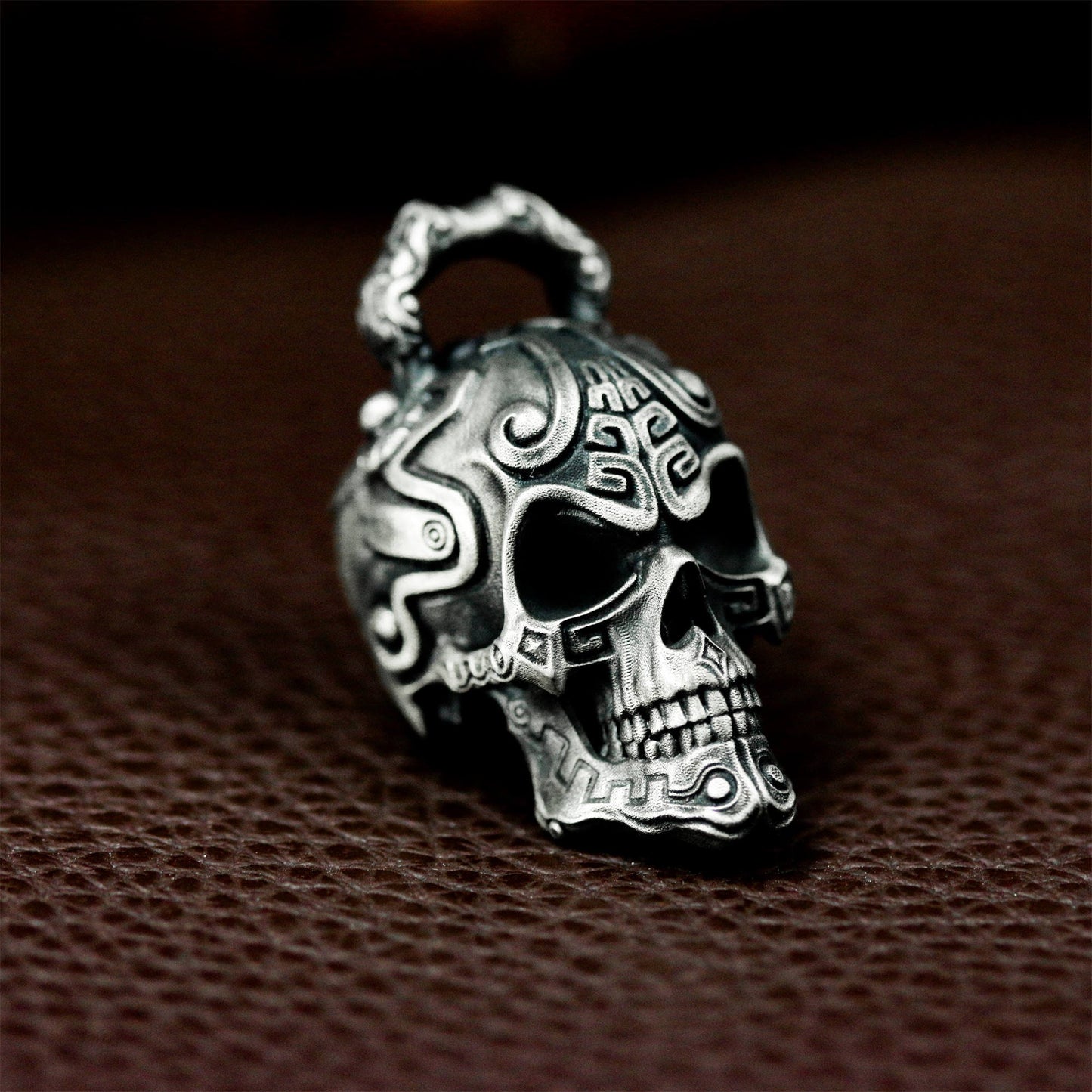 Patterned Skull Pendant with Tribal Engraving - 925 Sterling Silver Handmade