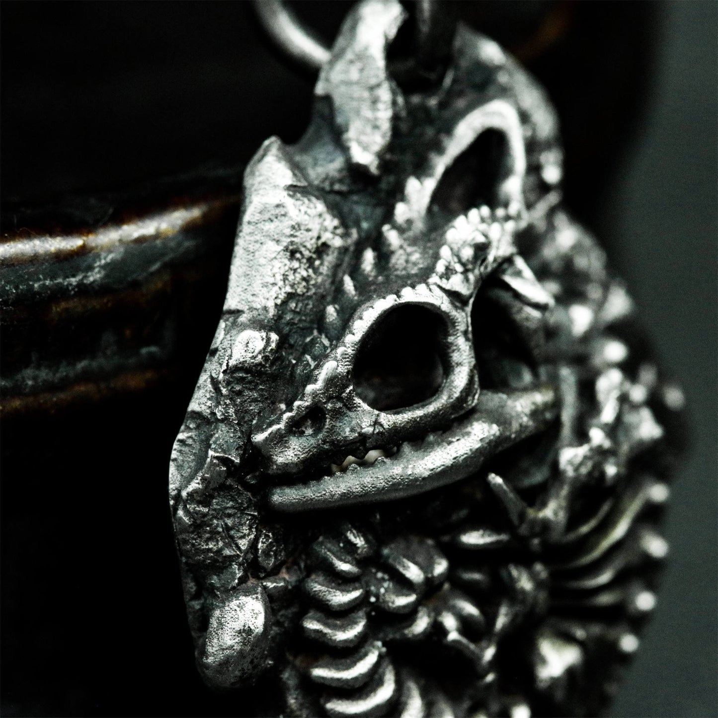 Chameleon Fossil Pendant with Skull and Spine Detail ¨C 925 Sterling Silver Handmade