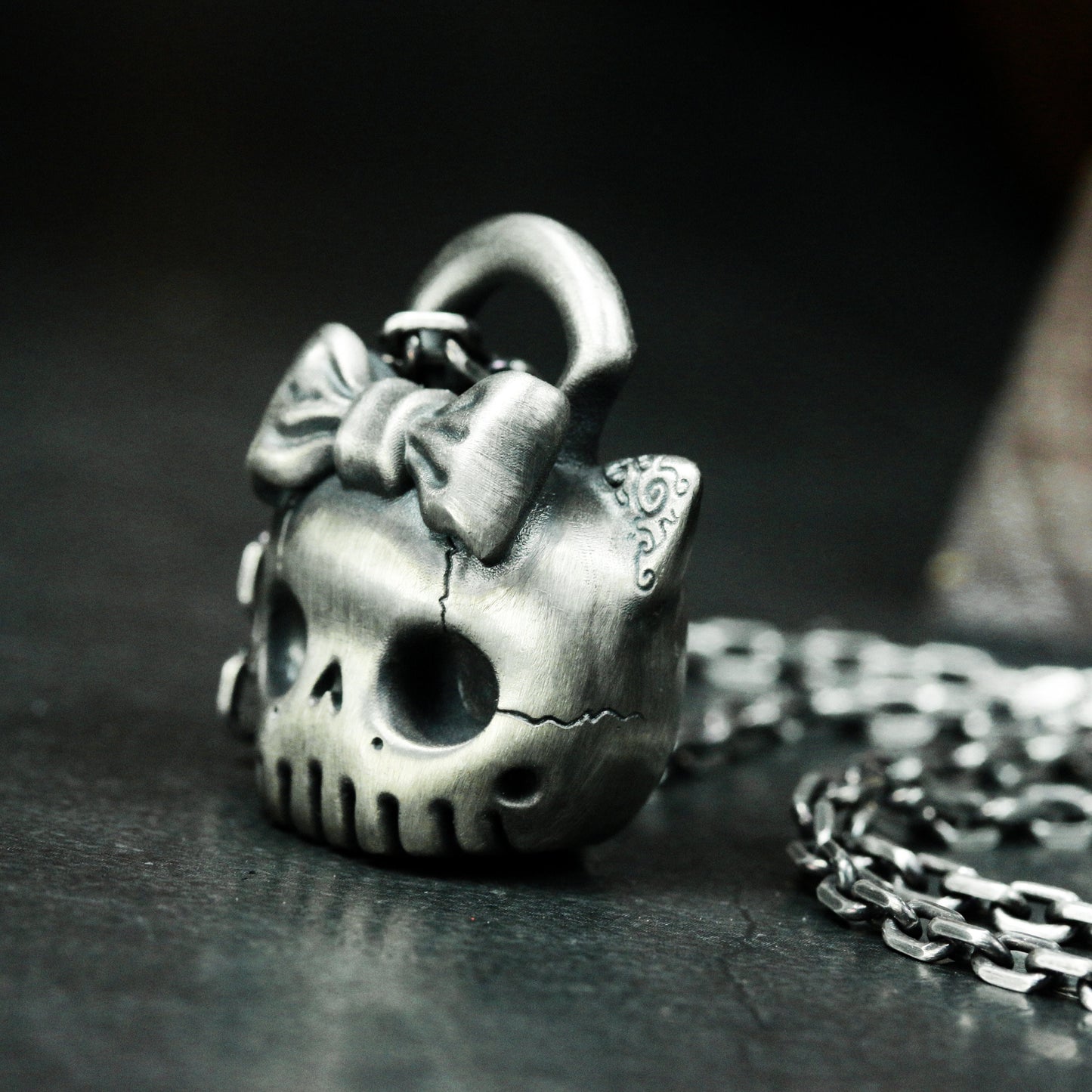 Cute Skull Cat Pendant - 925 Sterling Silver Handmade Gothic