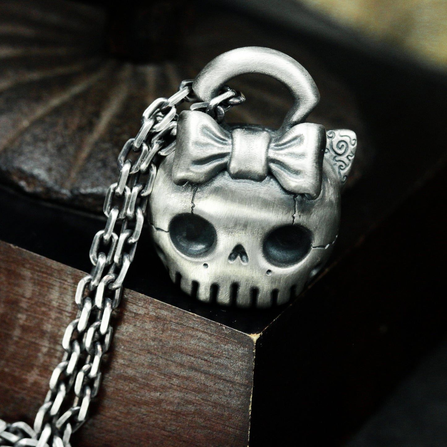 Cute Skull Cat Pendant - 925 Sterling Silver Handmade Gothic