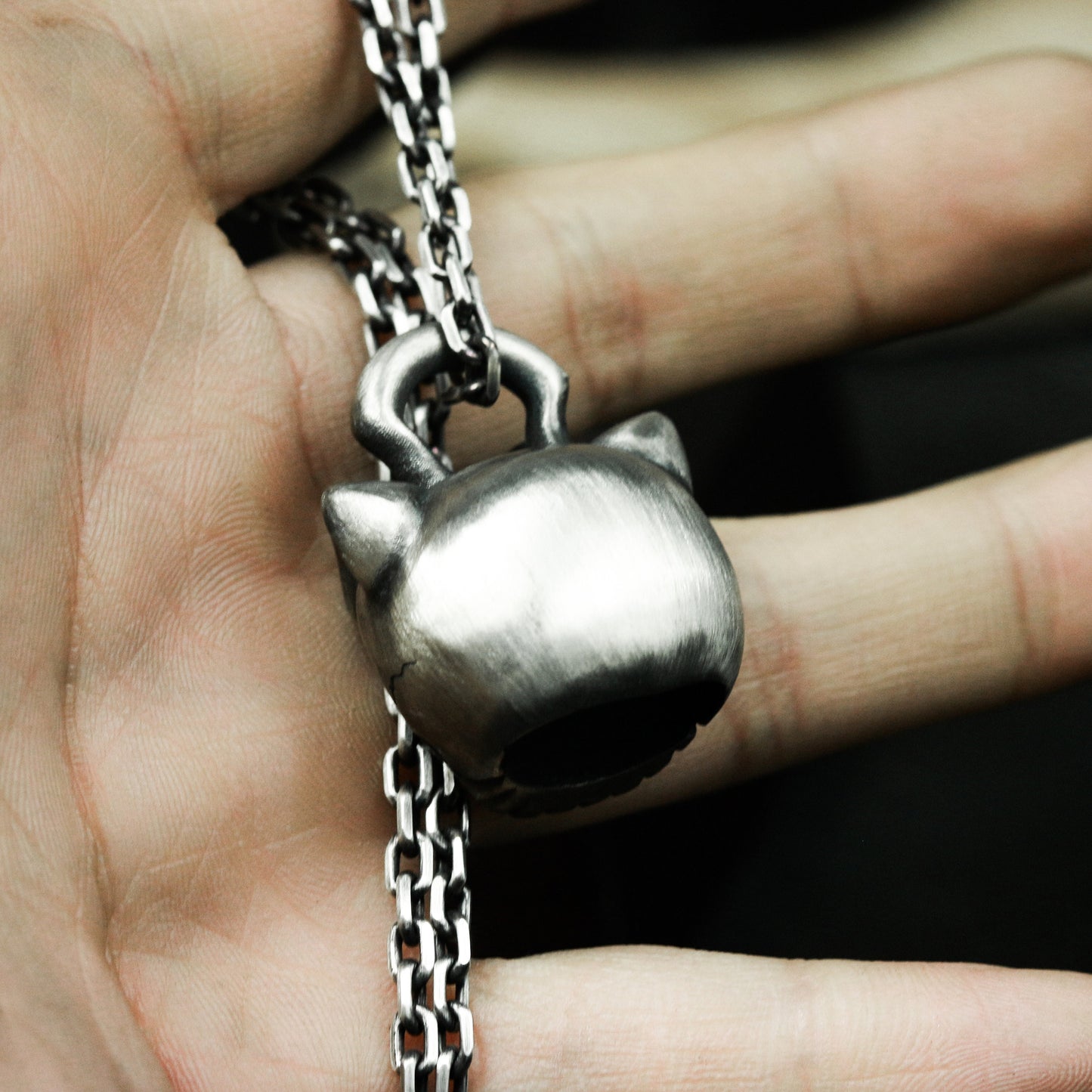 Cute Skull Cat Pendant - 925 Sterling Silver Handmade Gothic