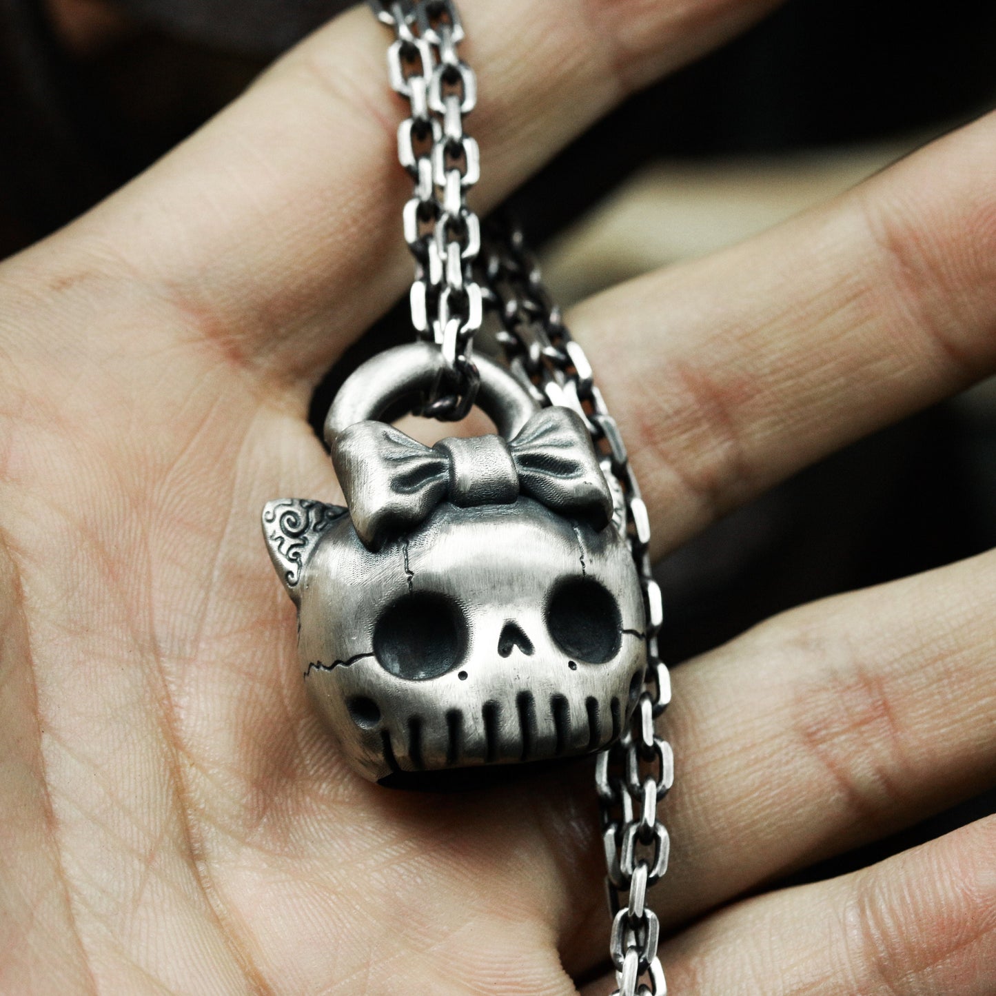 Cute Skull Cat Pendant - 925 Sterling Silver Handmade Gothic