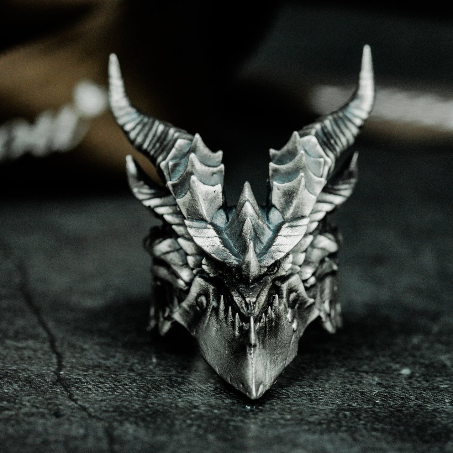 Horned Demon Ring with Gothic Carving ¨C 925 Sterling Silver Handmade