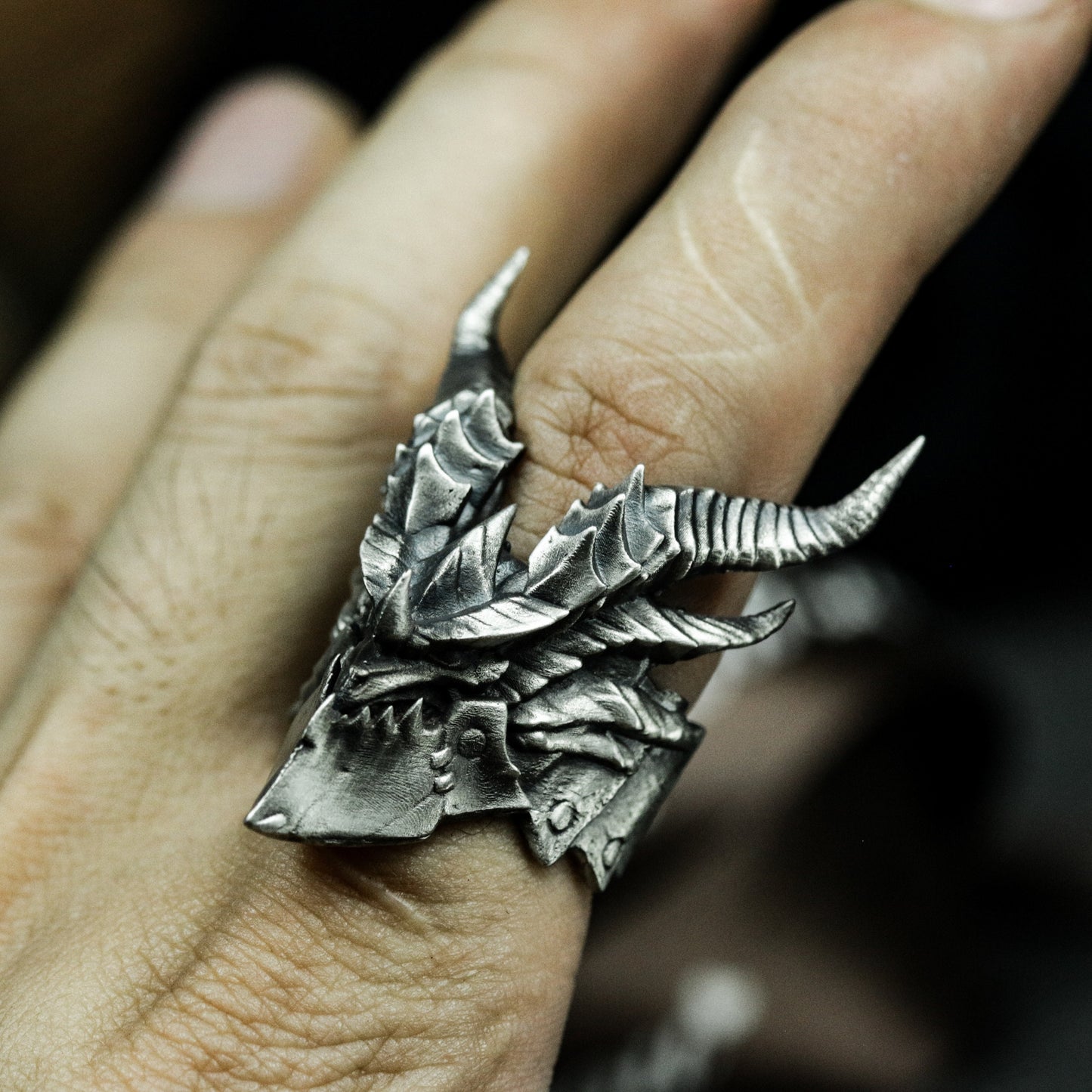 Horned Demon Ring with Gothic Carving ¨C 925 Sterling Silver Handmade