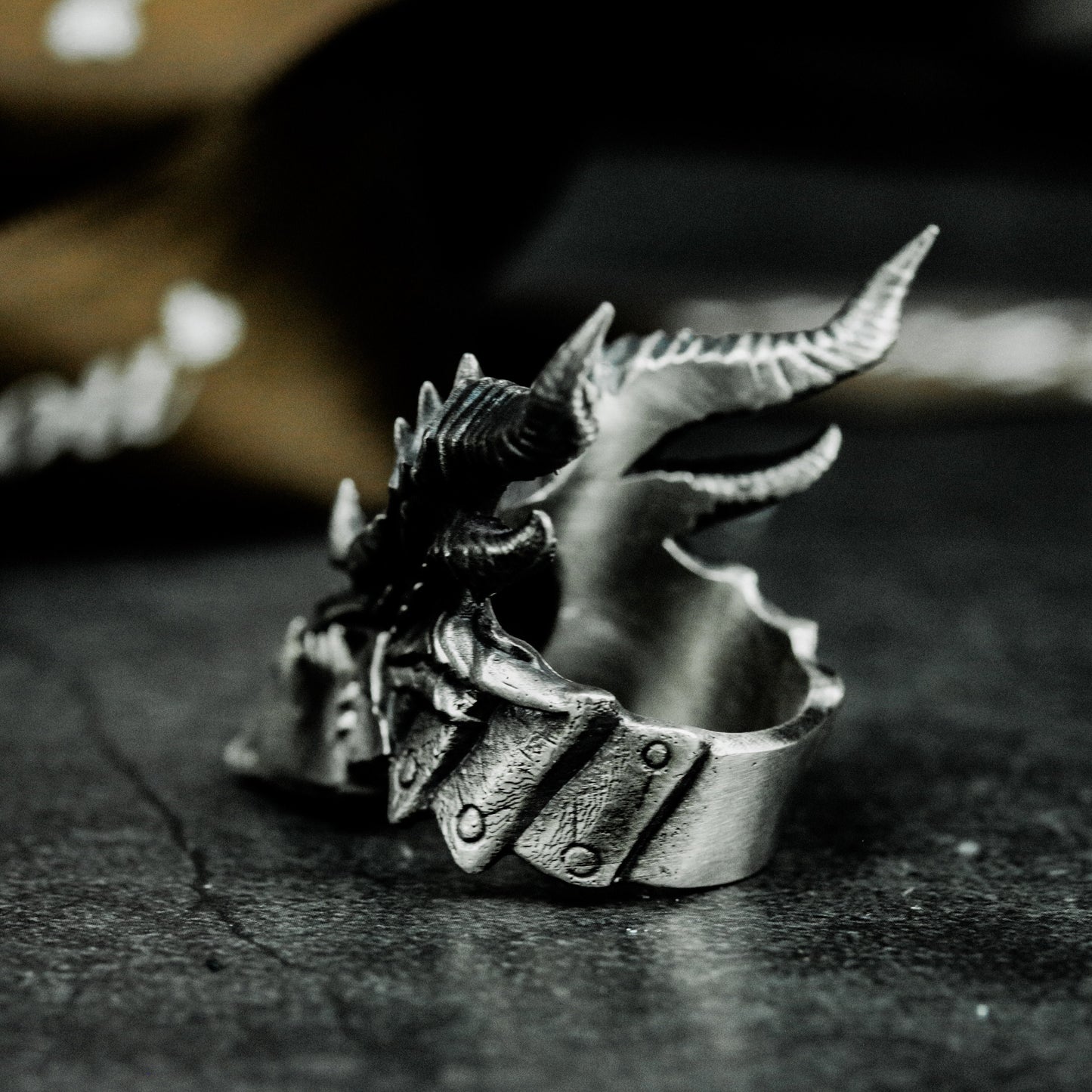 Horned Demon Ring with Gothic Carving ¨C 925 Sterling Silver Handmade