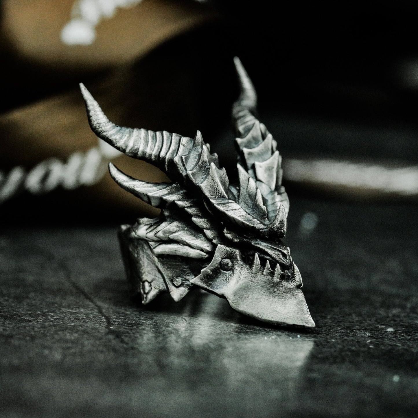 Horned Demon Ring with Gothic Carving ¨C 925 Sterling Silver Handmade