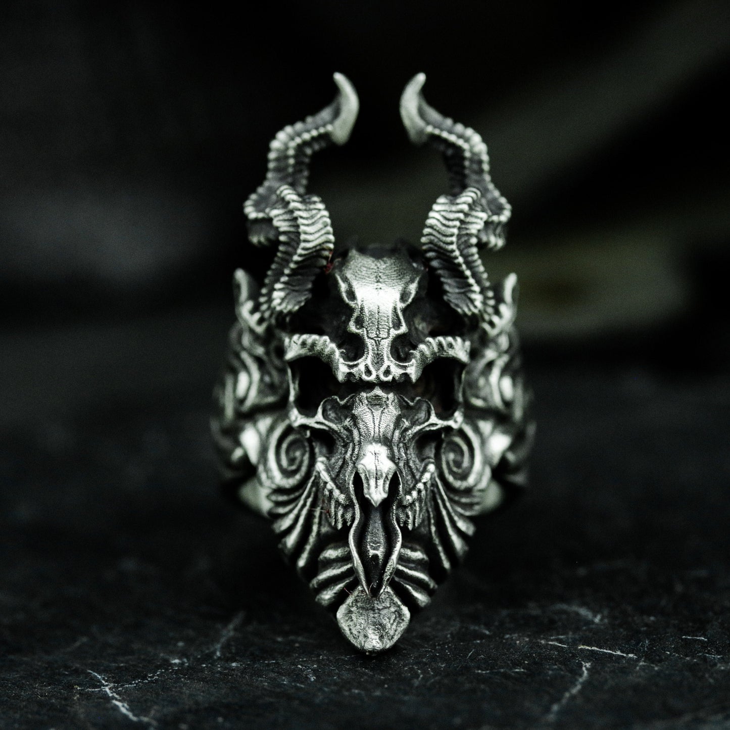 Horned Demon Goat Ring with Carved Flames ¨C 925 Sterling Silver Handmade