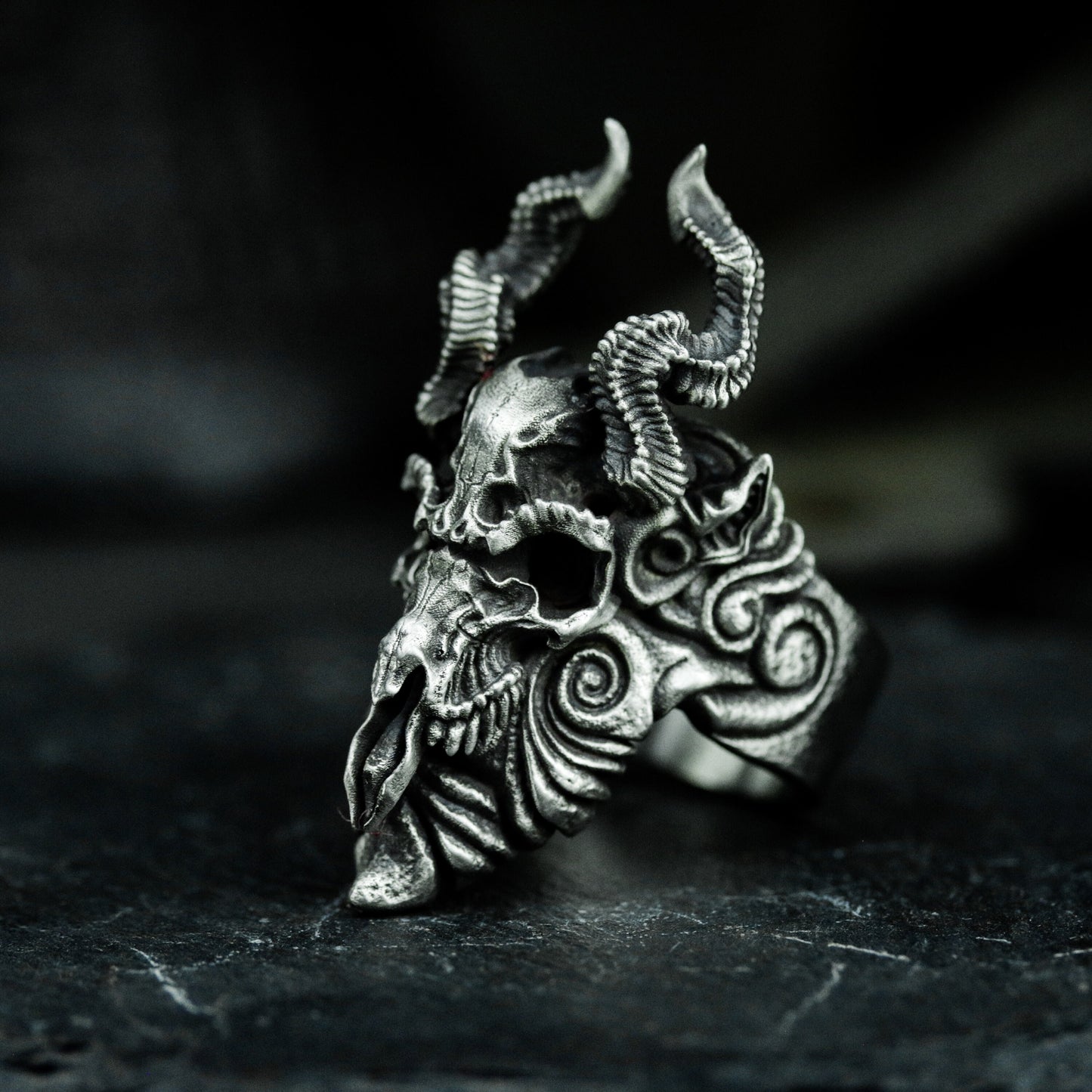 Horned Demon Goat Ring with Carved Flames ¨C 925 Sterling Silver Handmade