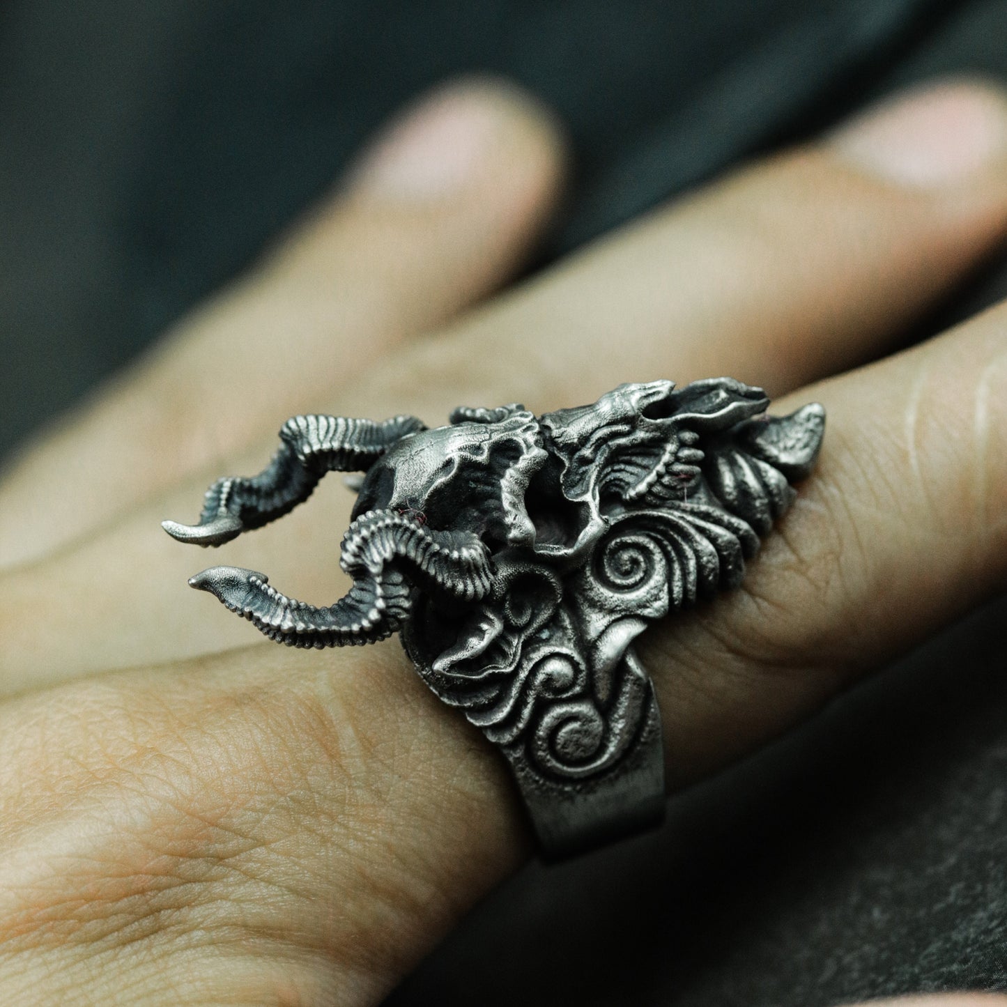 Horned Demon Goat Ring with Carved Flames ¨C 925 Sterling Silver Handmade