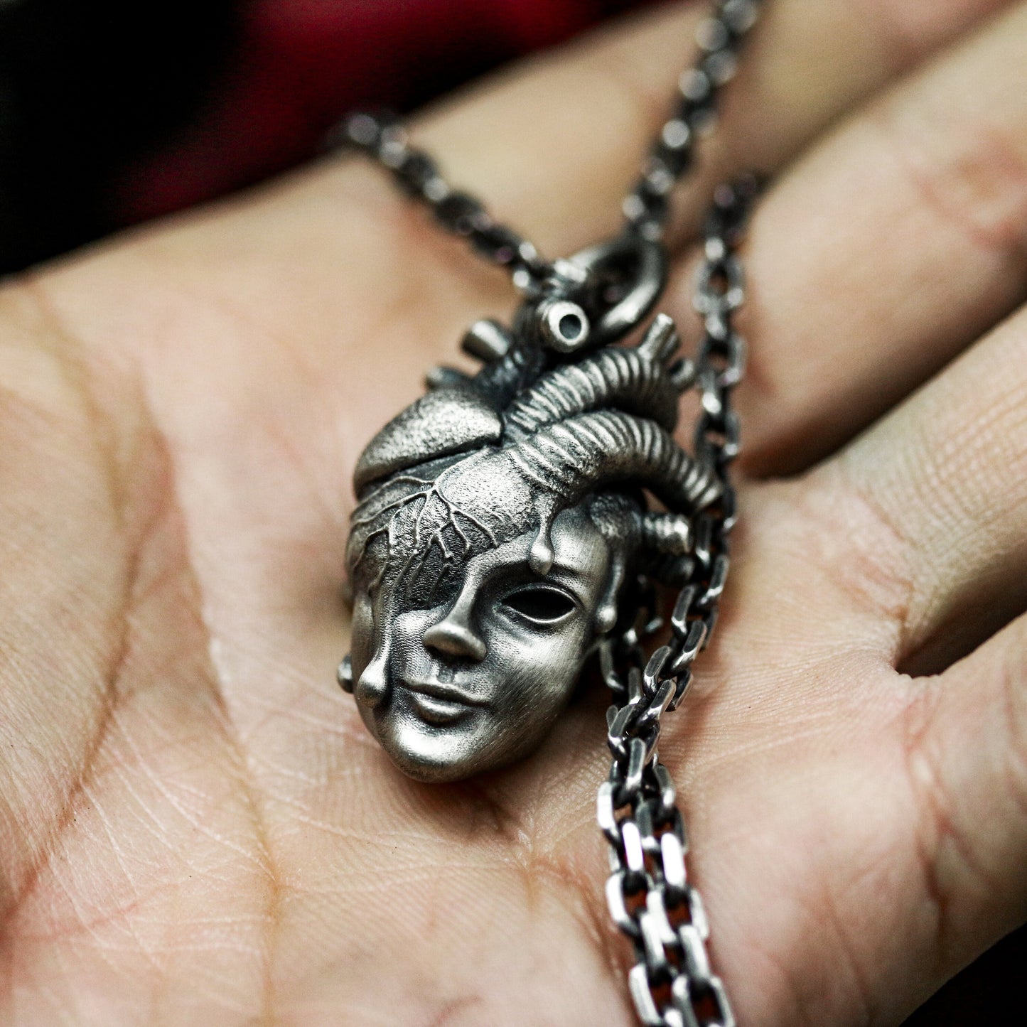 Mind Heart Face Pendant ¨C Handmade 925 Silver Surreal Anatomy Necklace