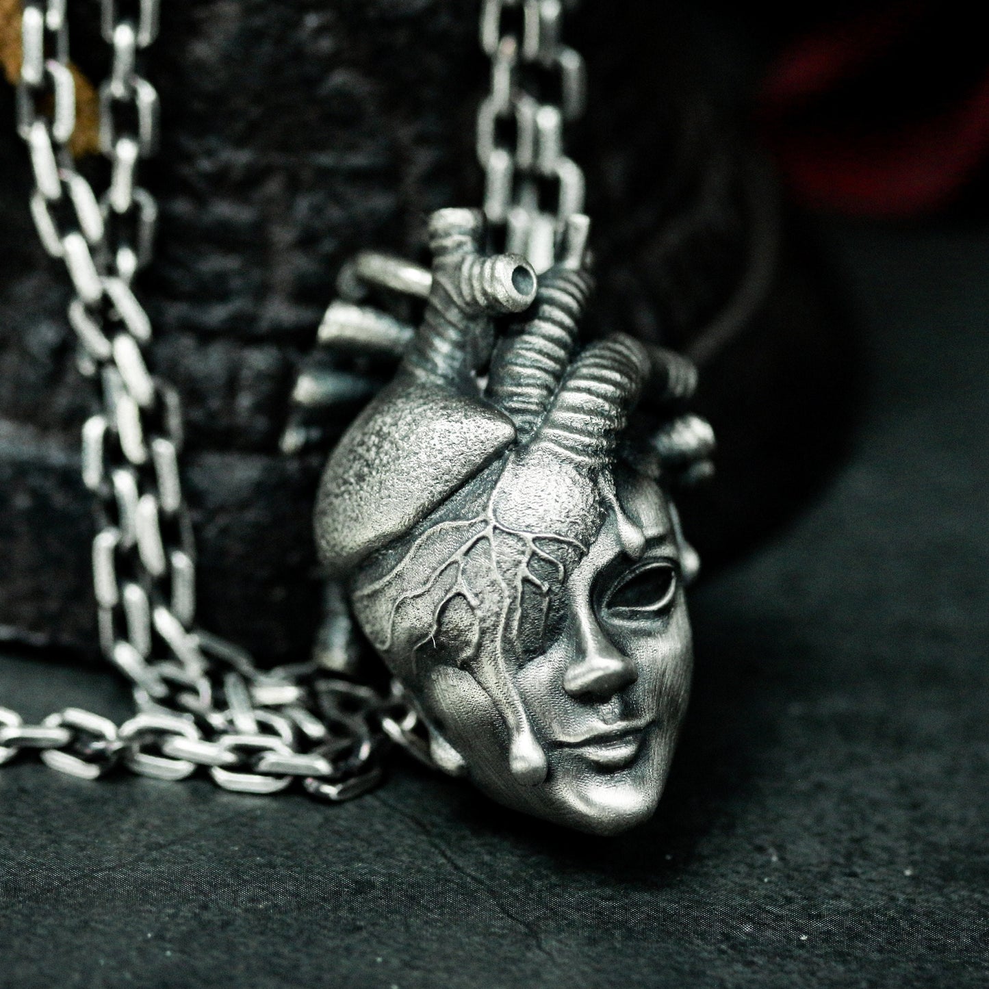 Mind Heart Face Pendant ¨C Handmade 925 Silver Surreal Anatomy Necklace