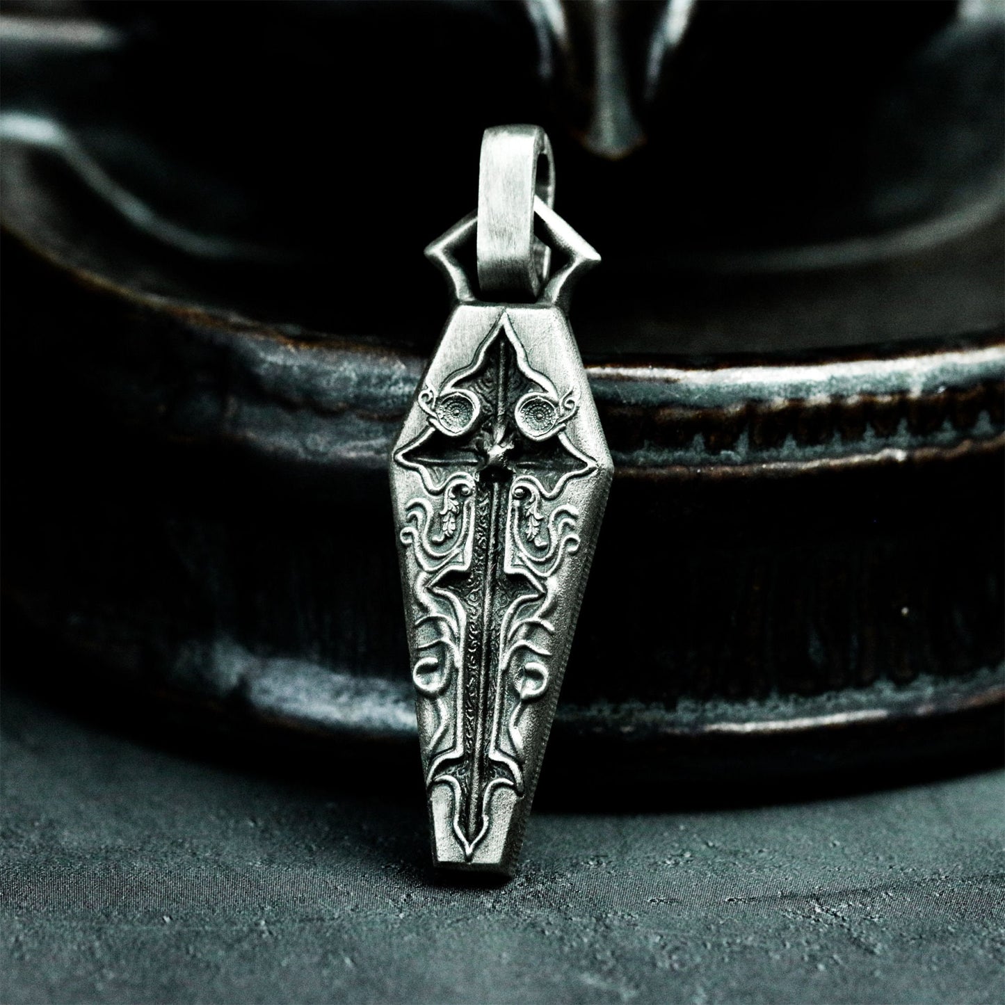 Gothic Coffin Pendant with Ornate Carvings ¨C 925 Sterling Silver Handmade