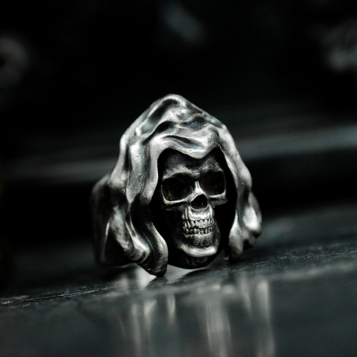 Long-Haired Skull Ring with Flowing Hood ¨C 925 Sterling Silver Handmade