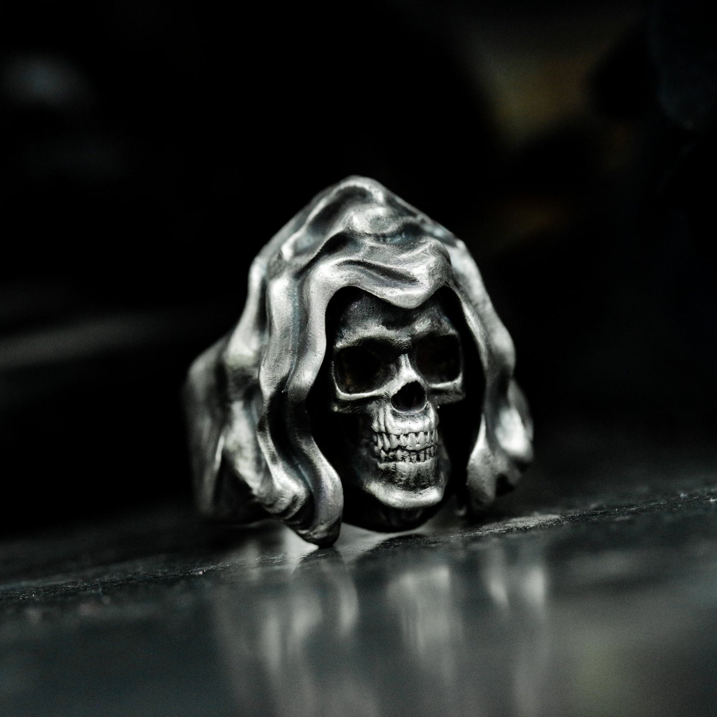 Long-Haired Skull Ring with Flowing Hood ¨C 925 Sterling Silver Handmade