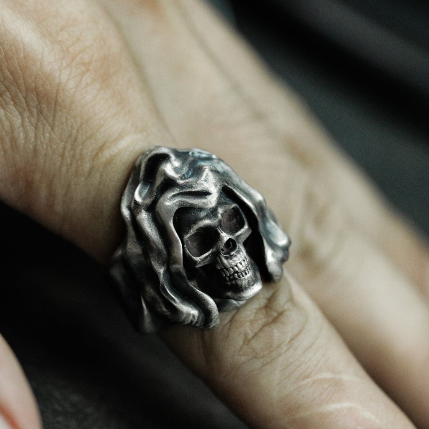 Long-Haired Skull Ring with Flowing Hood ¨C 925 Sterling Silver Handmade