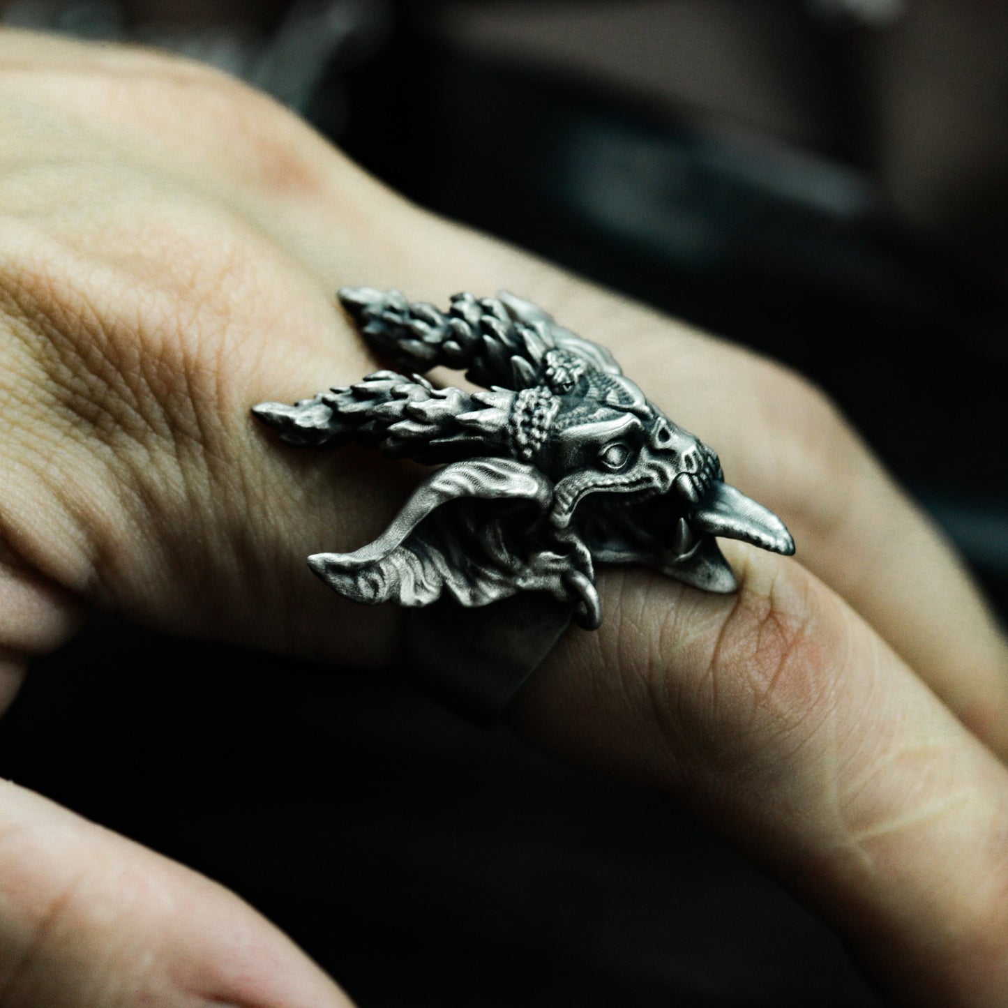 Demon Skull Ring with Dual Horns and Open Jaw ¨C 925 Sterling Silver Handmade