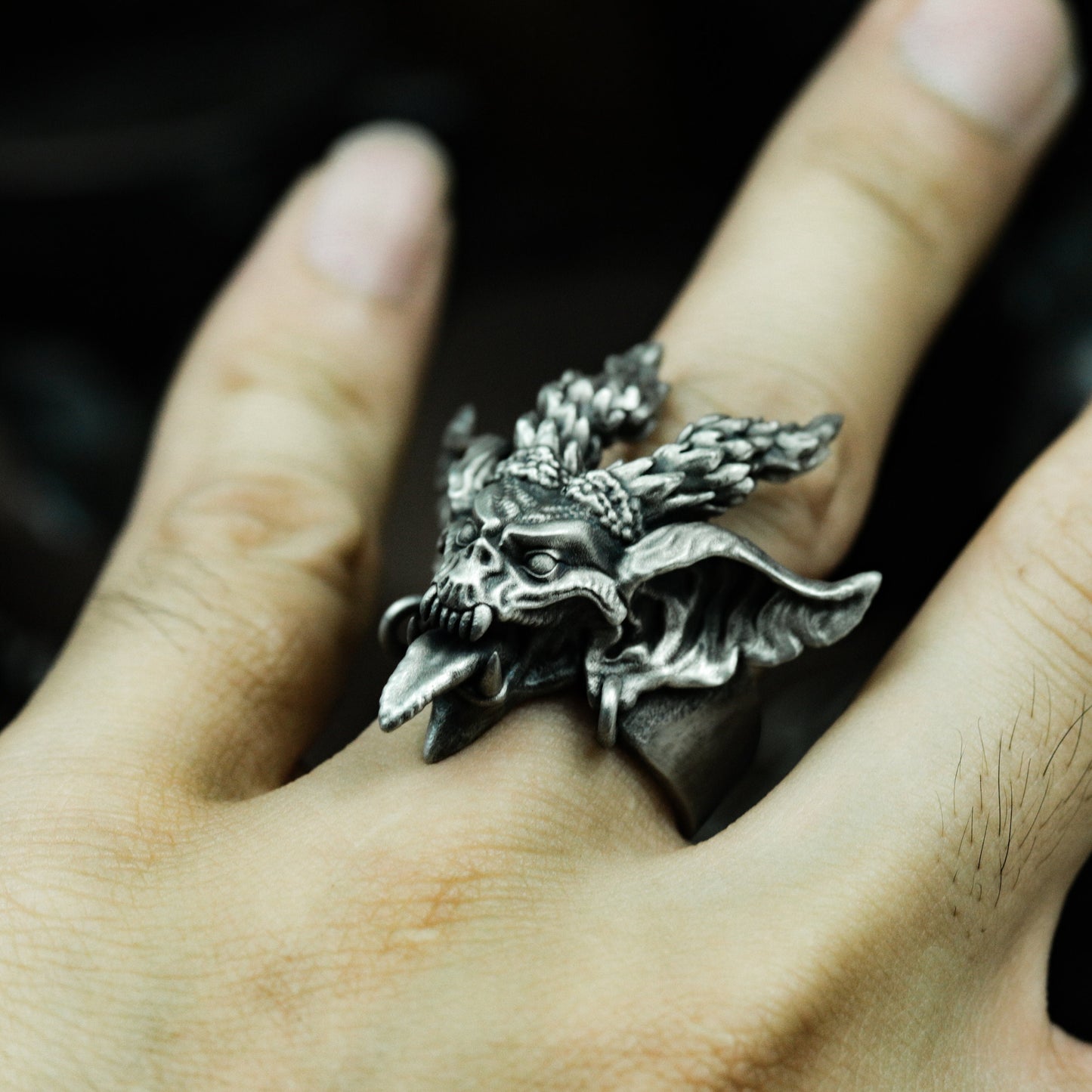 Demon Skull Ring with Dual Horns and Open Jaw ¨C 925 Sterling Silver Handmade