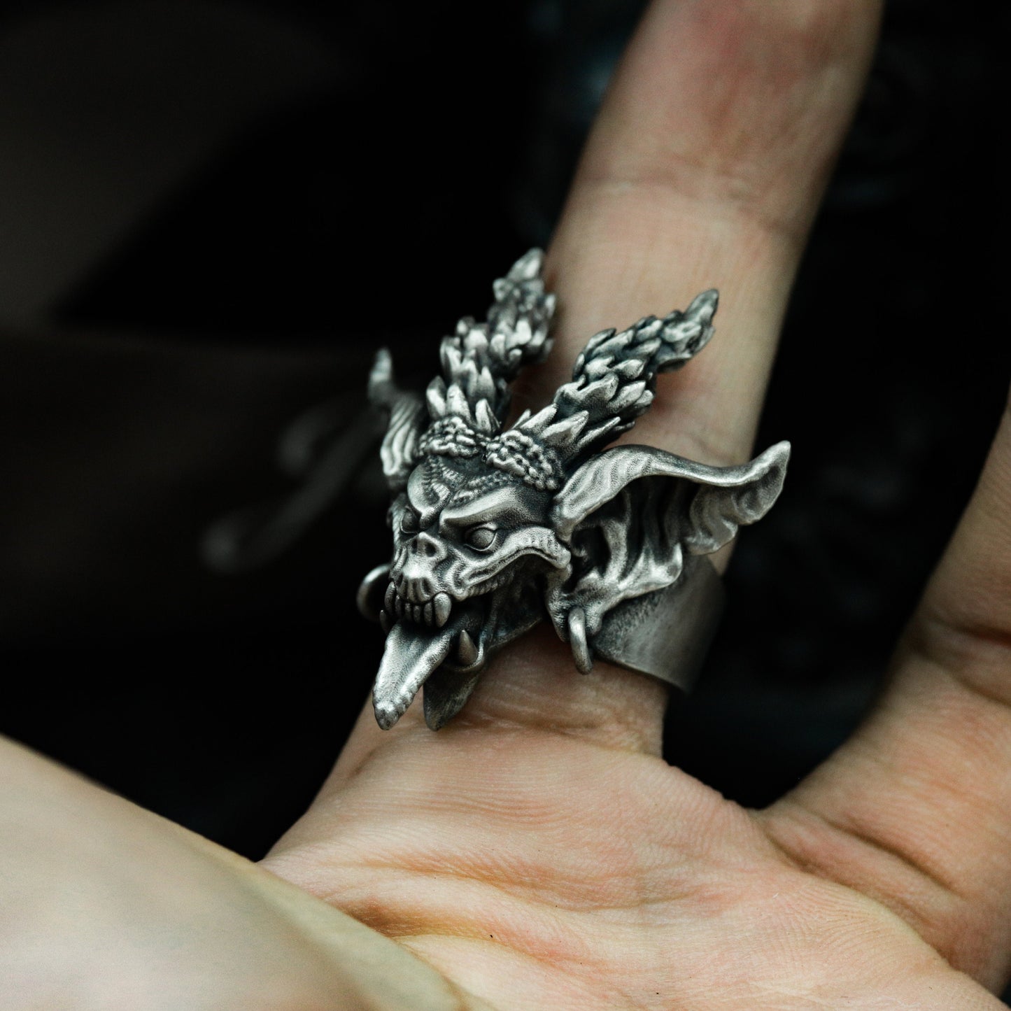 Demon Skull Ring with Dual Horns and Open Jaw ¨C 925 Sterling Silver Handmade
