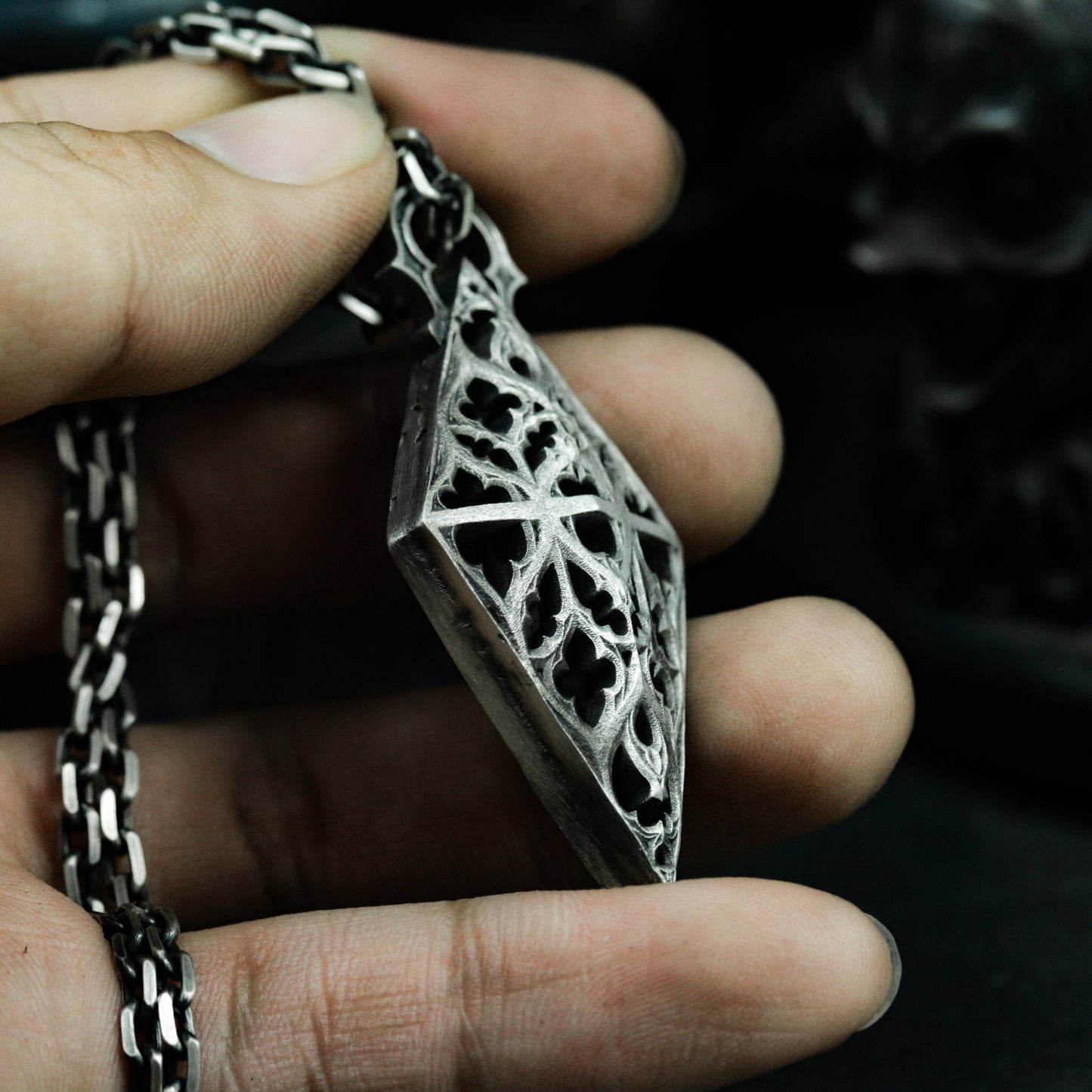 Geometric Gothic Lace Pendant ¨C 925 Sterling Silver Handmade