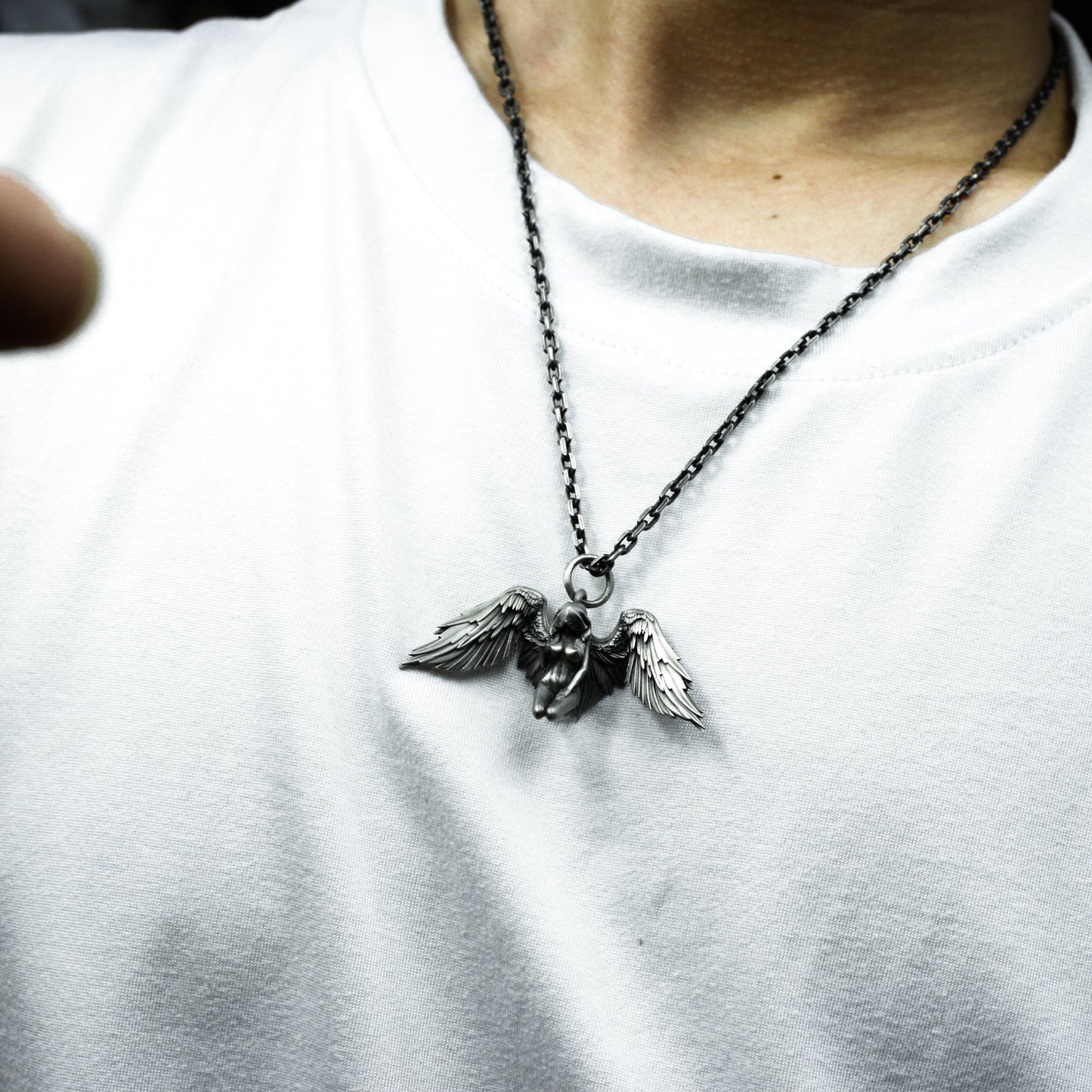 Kneeling Angel Pendant with Folded Wings - 925 Sterling Silver Handmade