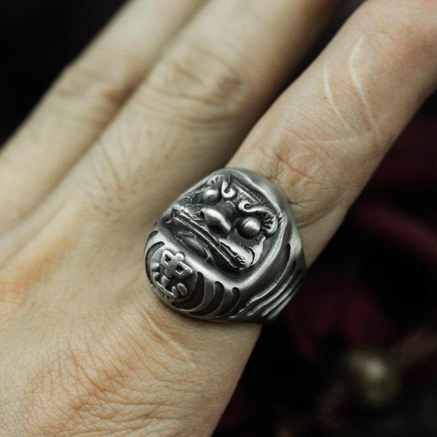 Daruma Head Ring with Fierce Face ¨C 925 Sterling Silver Handmade