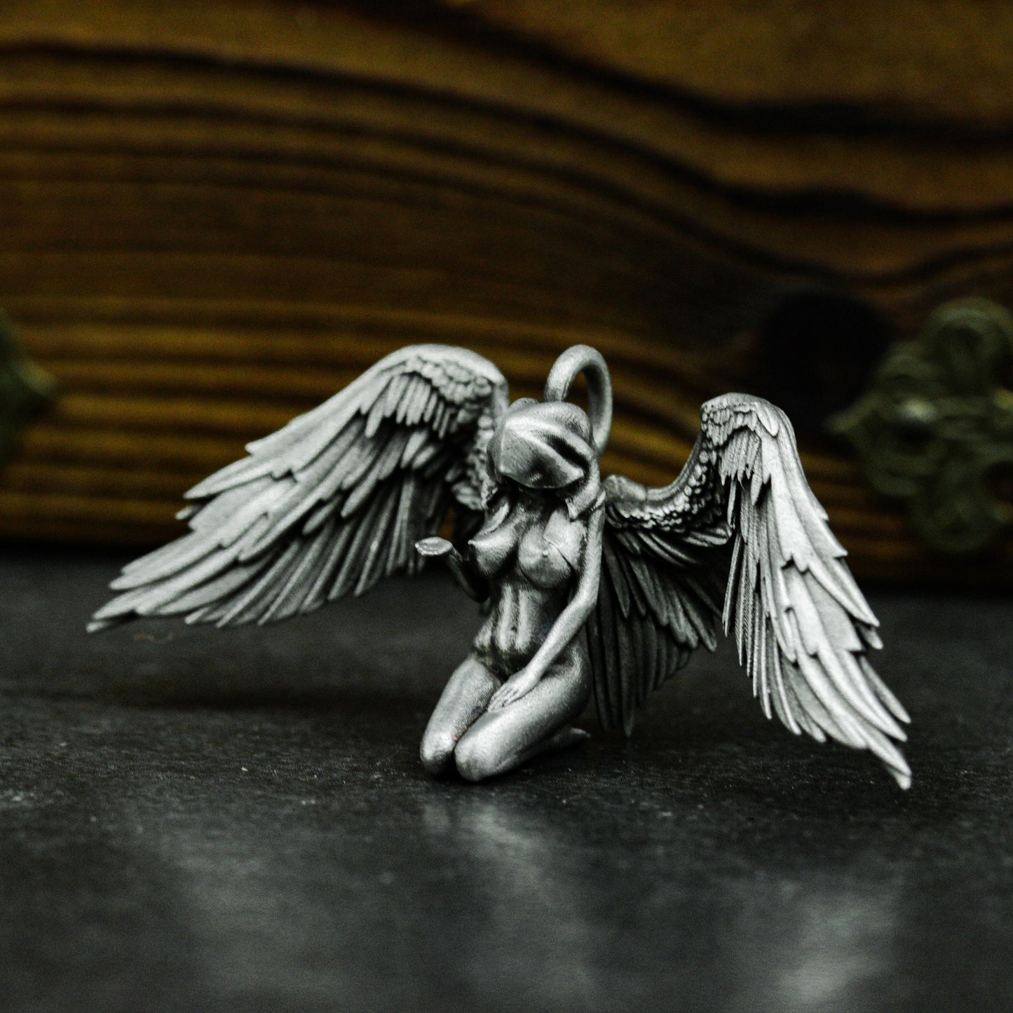 Kneeling Angel Pendant with Folded Wings - 925 Sterling Silver Handmade