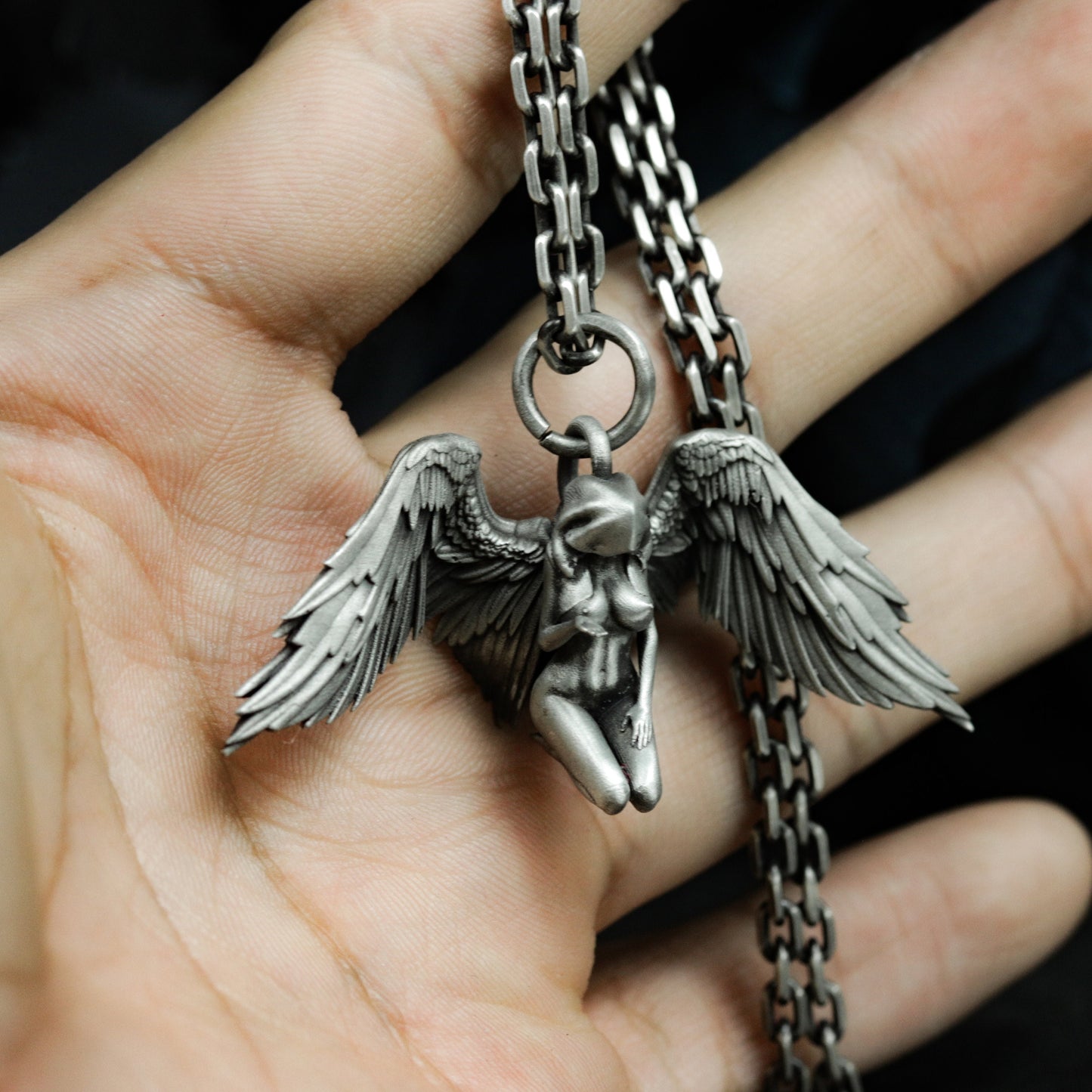 Kneeling Angel Pendant with Folded Wings - 925 Sterling Silver Handmade