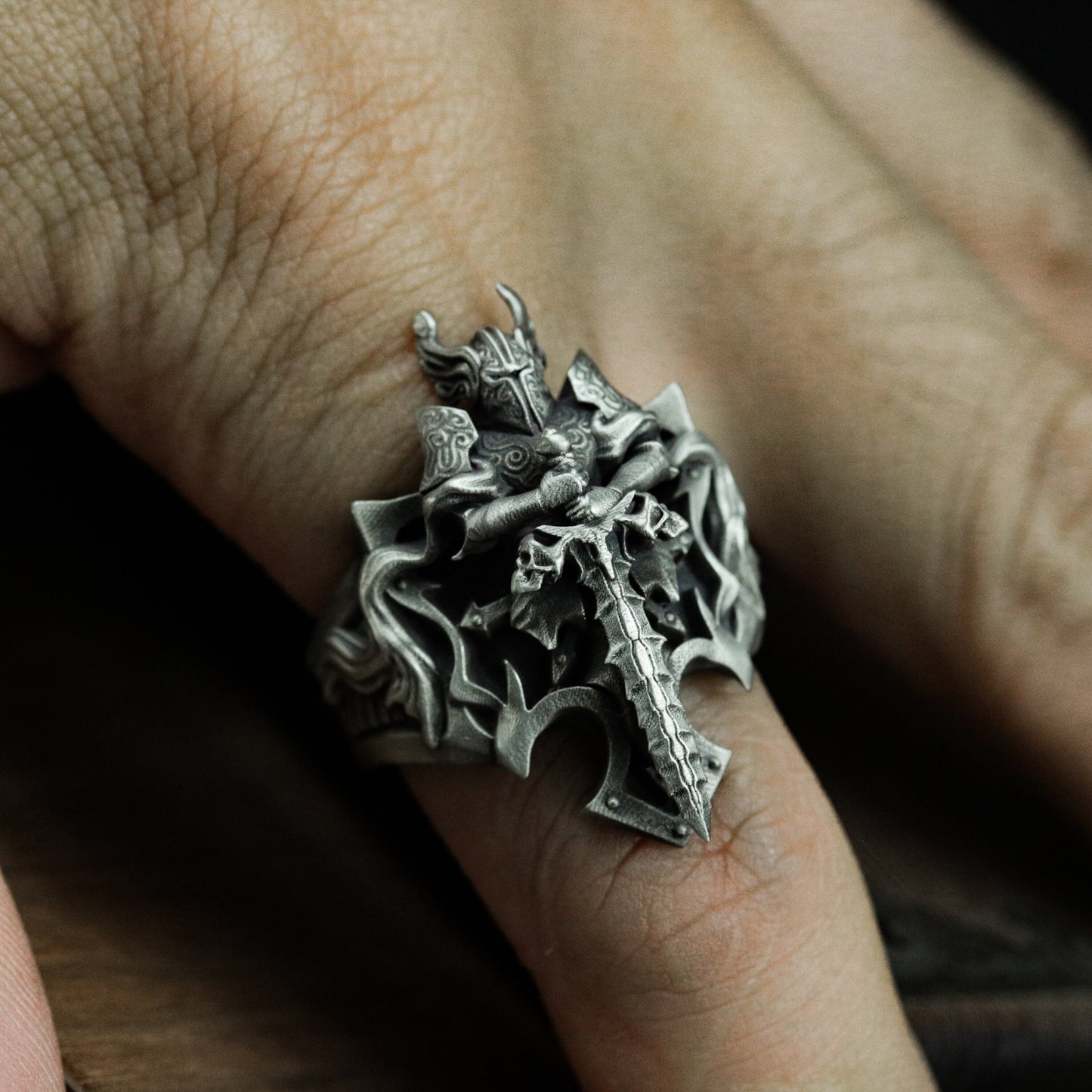 Horned Demon Sword Ring - 925 Sterling Silver Handmade