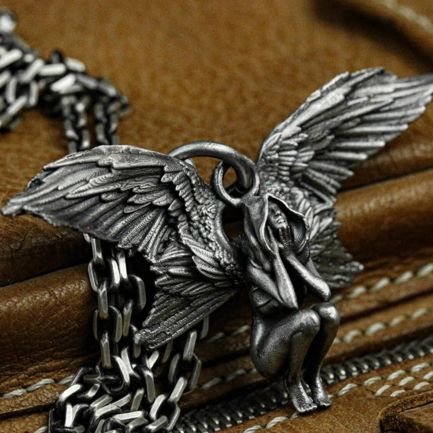 Fallen Angel Pendant with Folded Wings - 925 Sterling Silver Handmade