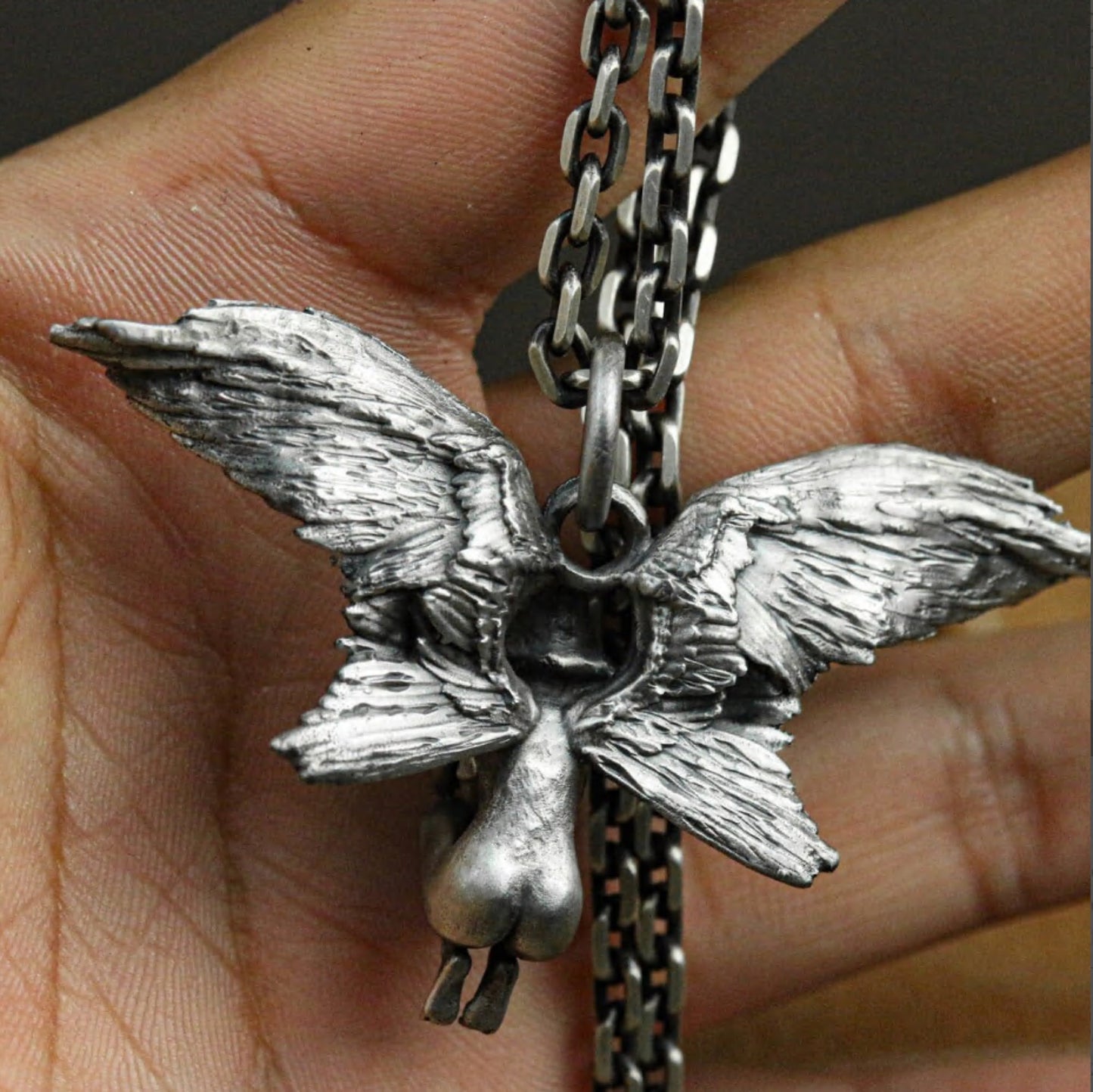 Fallen Angel Pendant with Folded Wings - 925 Sterling Silver Handmade