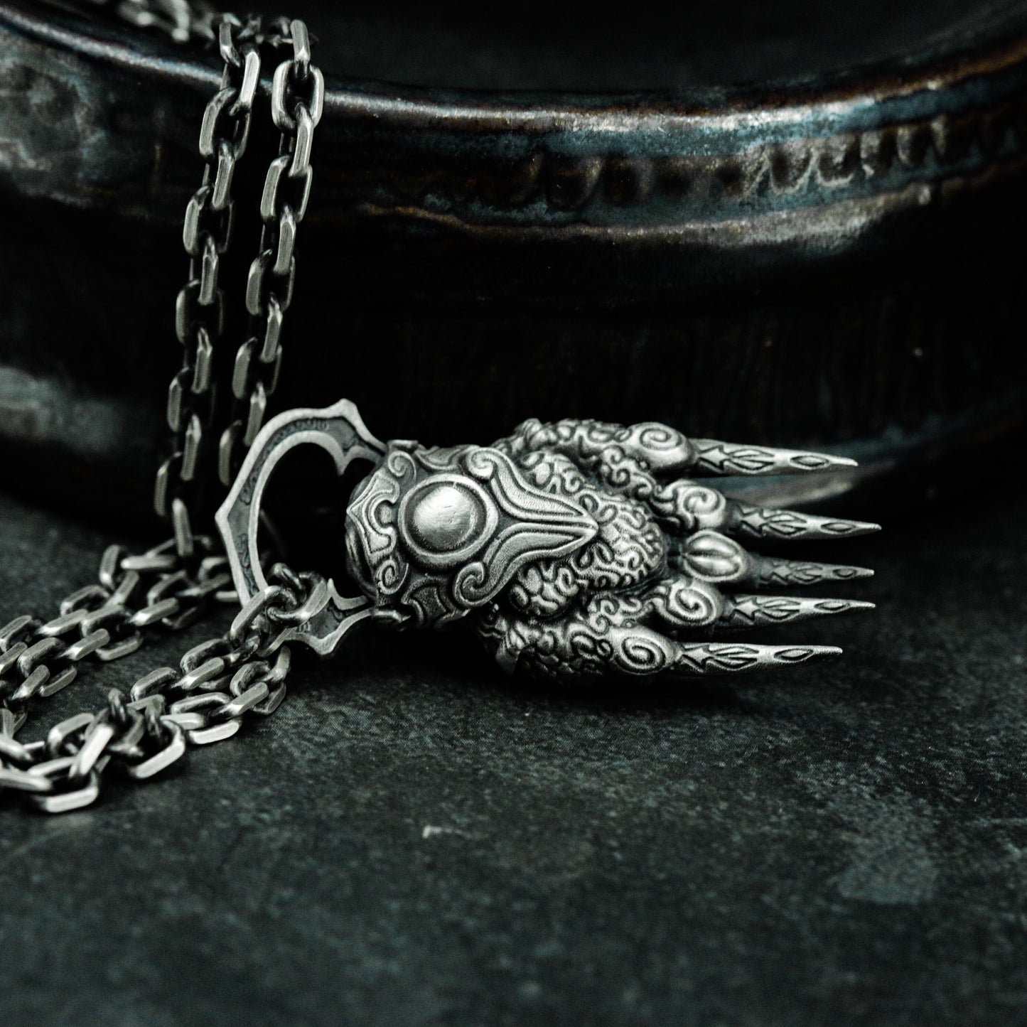 Engraved Paw Pendant with Patterned Claws - 925 Sterling Silver Handmade